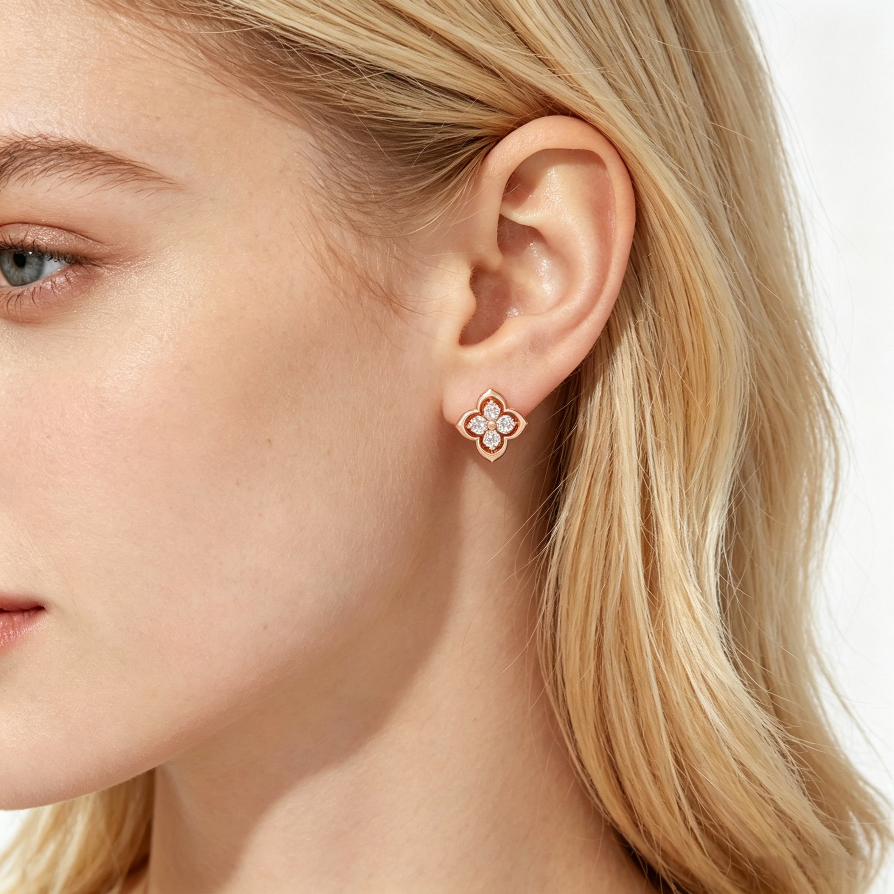 Serene Bloom Rose Gold Clover Diamond Stud Earrings