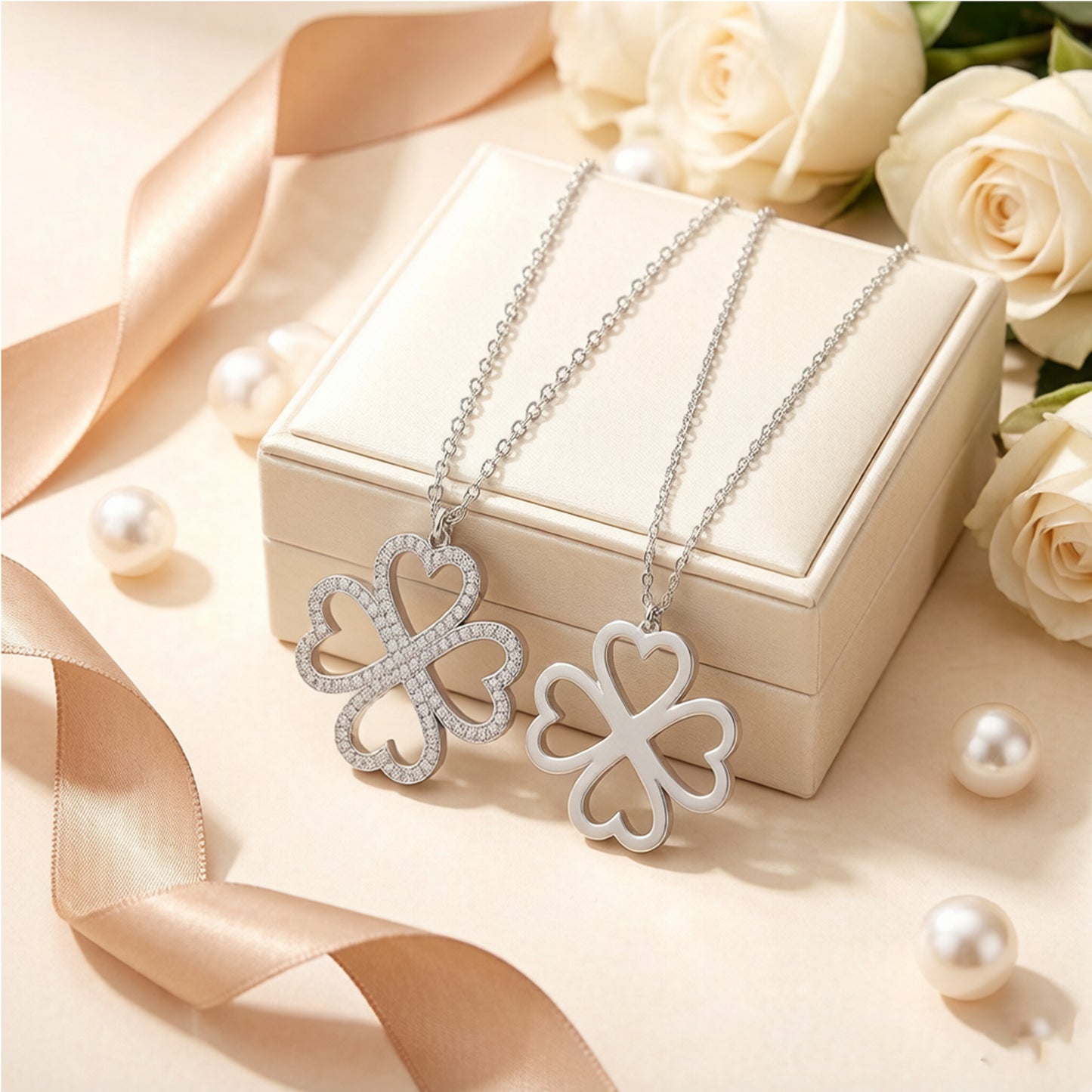 Ophelia Eternity 10K/14K White Gold Four-Leaf Clover Heart Pendant Necklace with 0.5ct Lab-Grown Diamonds, Good Luck Jewelry Gift for Women, Sisters, Lovers & Clients