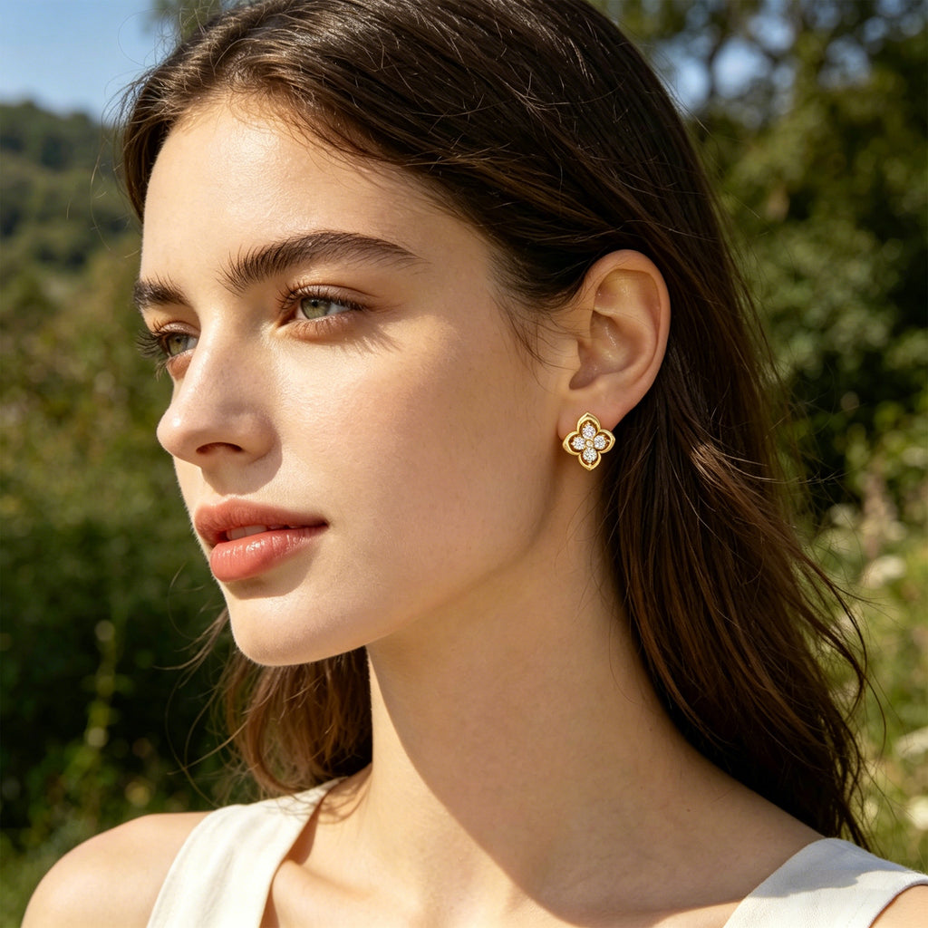 Serene Bloom Yellow Gold Clover Diamond Stud Earrings