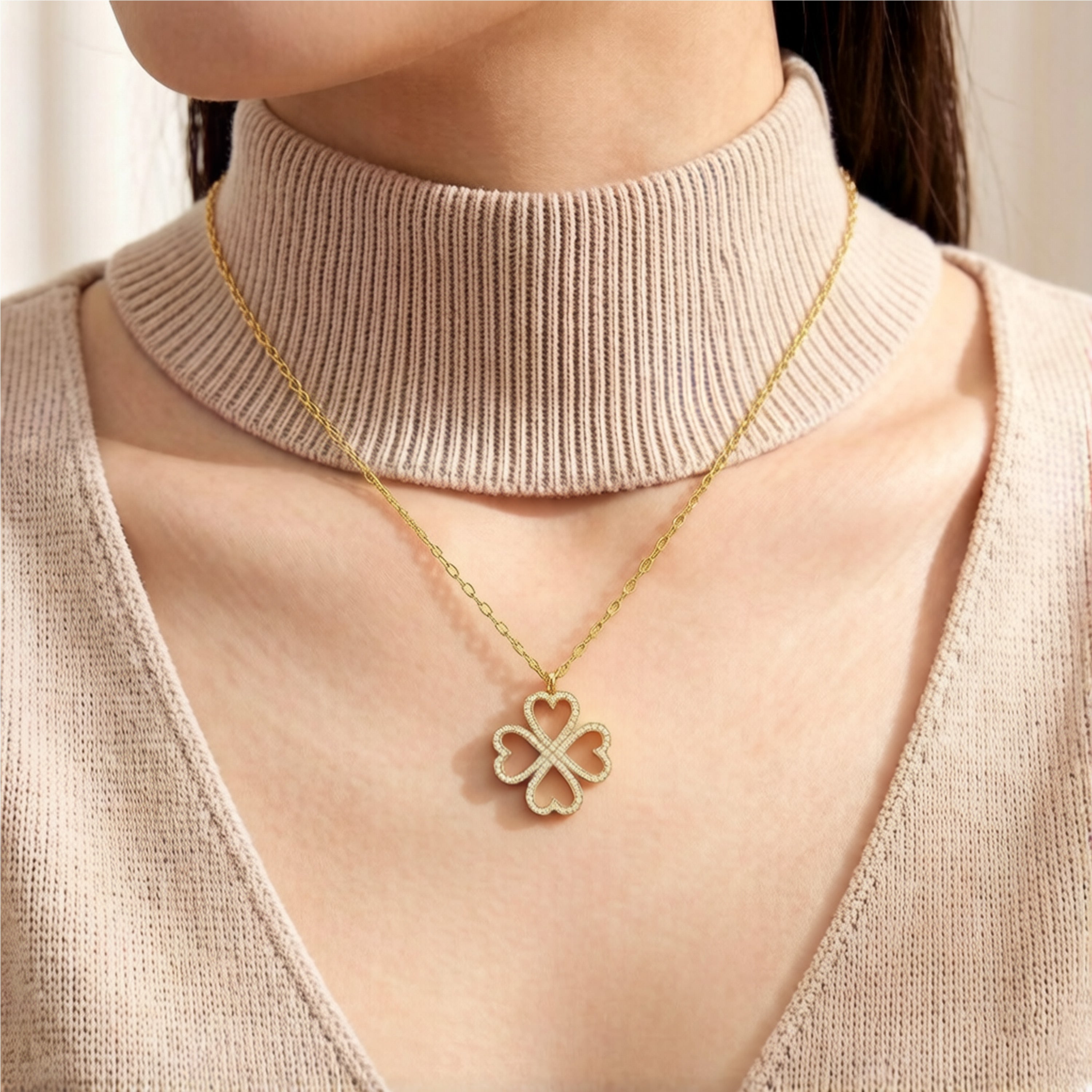 Ophelia Eternity 10K/14K Yellow Gold Four-Leaf Clover Heart Pendant Necklace with 0.5ct Lab-Grown Diamonds, Good Luck Jewelry Gift for Women, Sisters & Lovers
