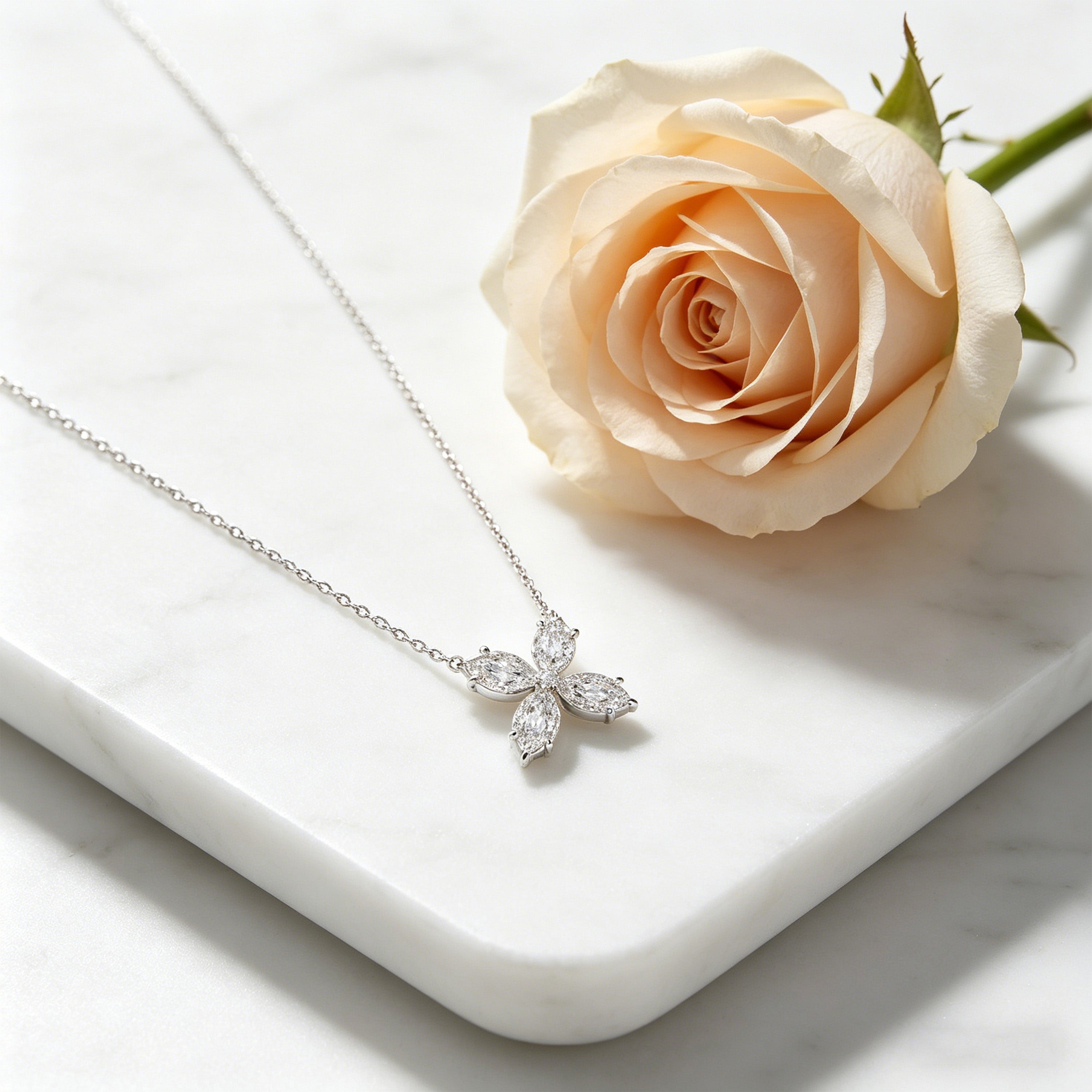 925 Sterling Silver Marquise Moissanite Clover Pendant Necklace, 1.35 CTW for Women