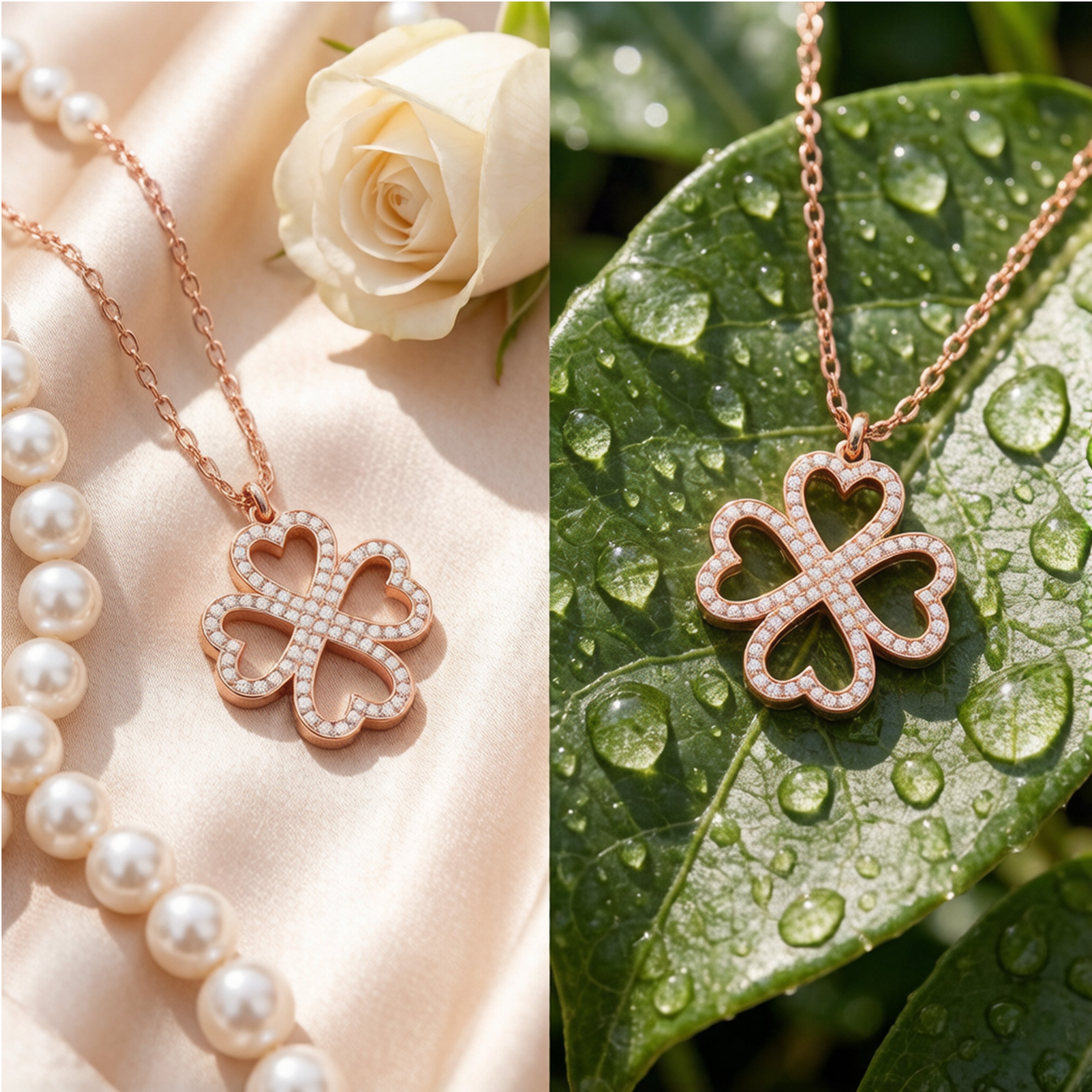Ophelia Eternity 10K/14K Rose Gold Four-Leaf Clover Heart Pendant Necklace with 0.5ct Lab-Grown Diamonds, Good Luck Jewelry Gift for Women, Sisters & Lovers