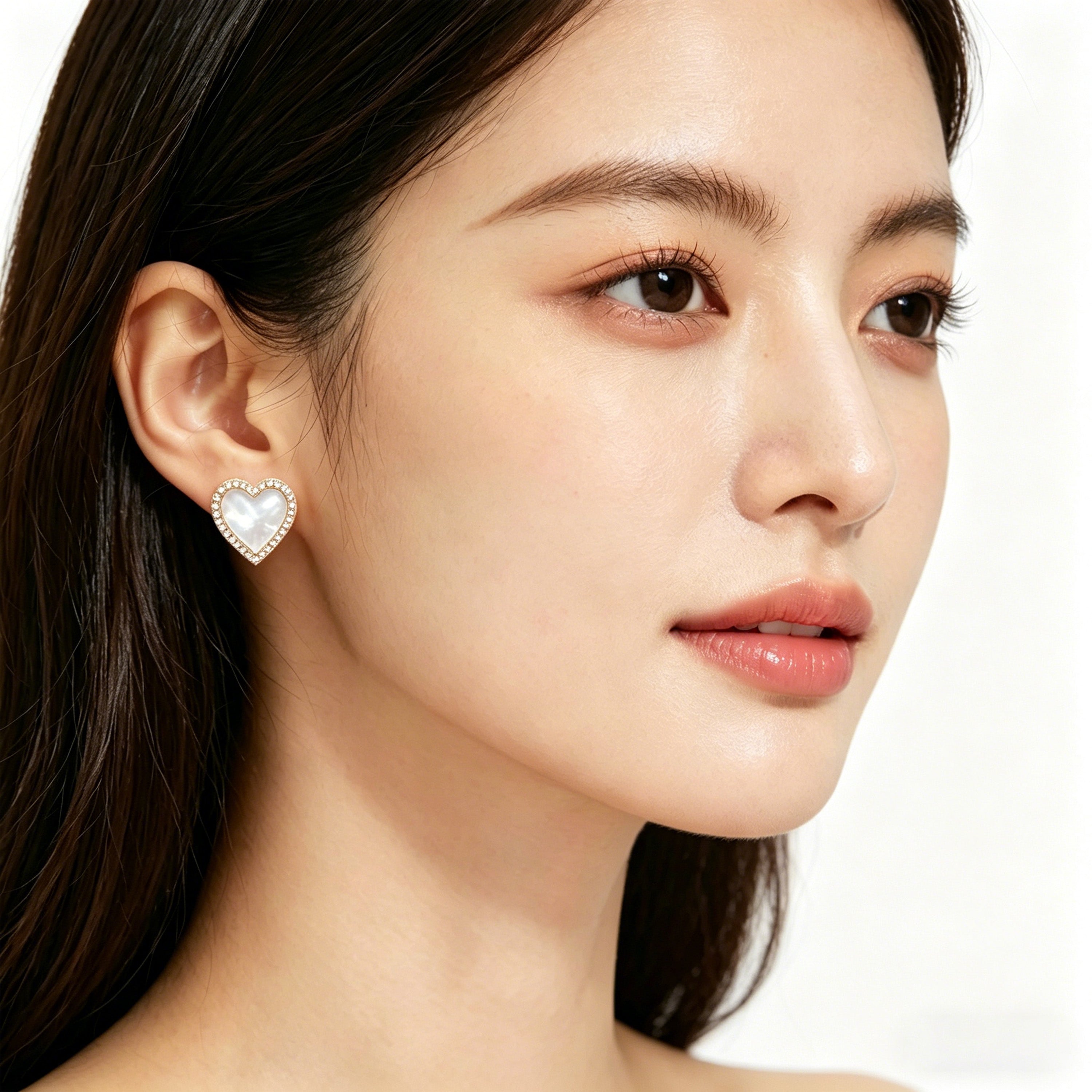 10K/14K Yellow Gold Heart Stud Earrings, 0.4ct Lab Grown Diamond & Mother of Pearl, Daily Jewelry for Women