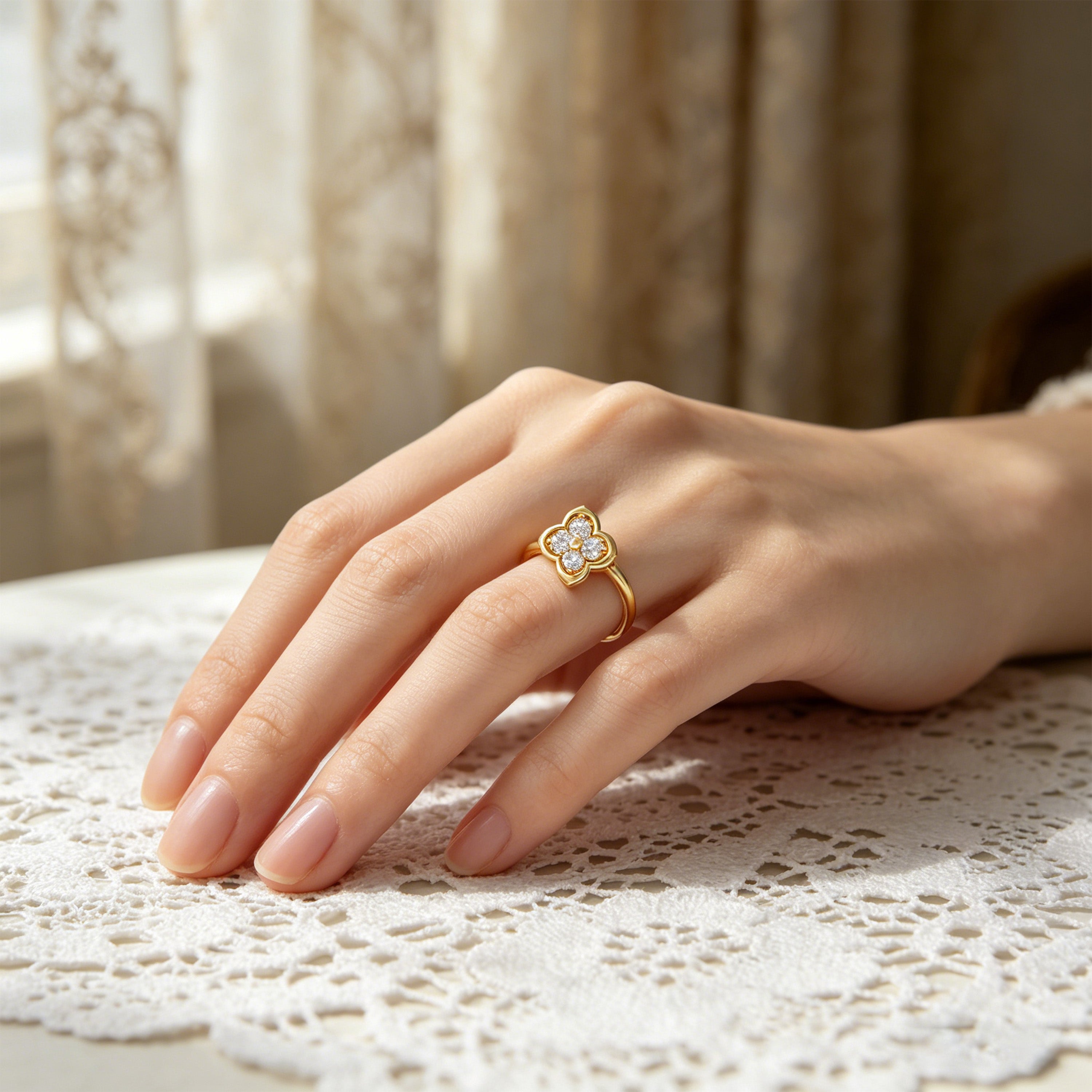 Serene Bloom Yellow Gold Clover Diamond Ring