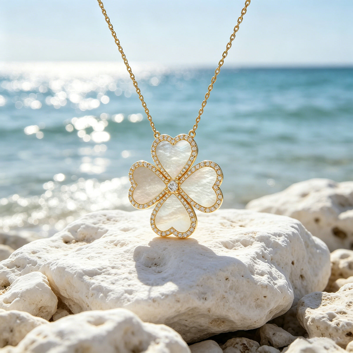 Mother-of-Pearl Heart Clover Lab-Grown Diamond Necklace - 0.50 CTW