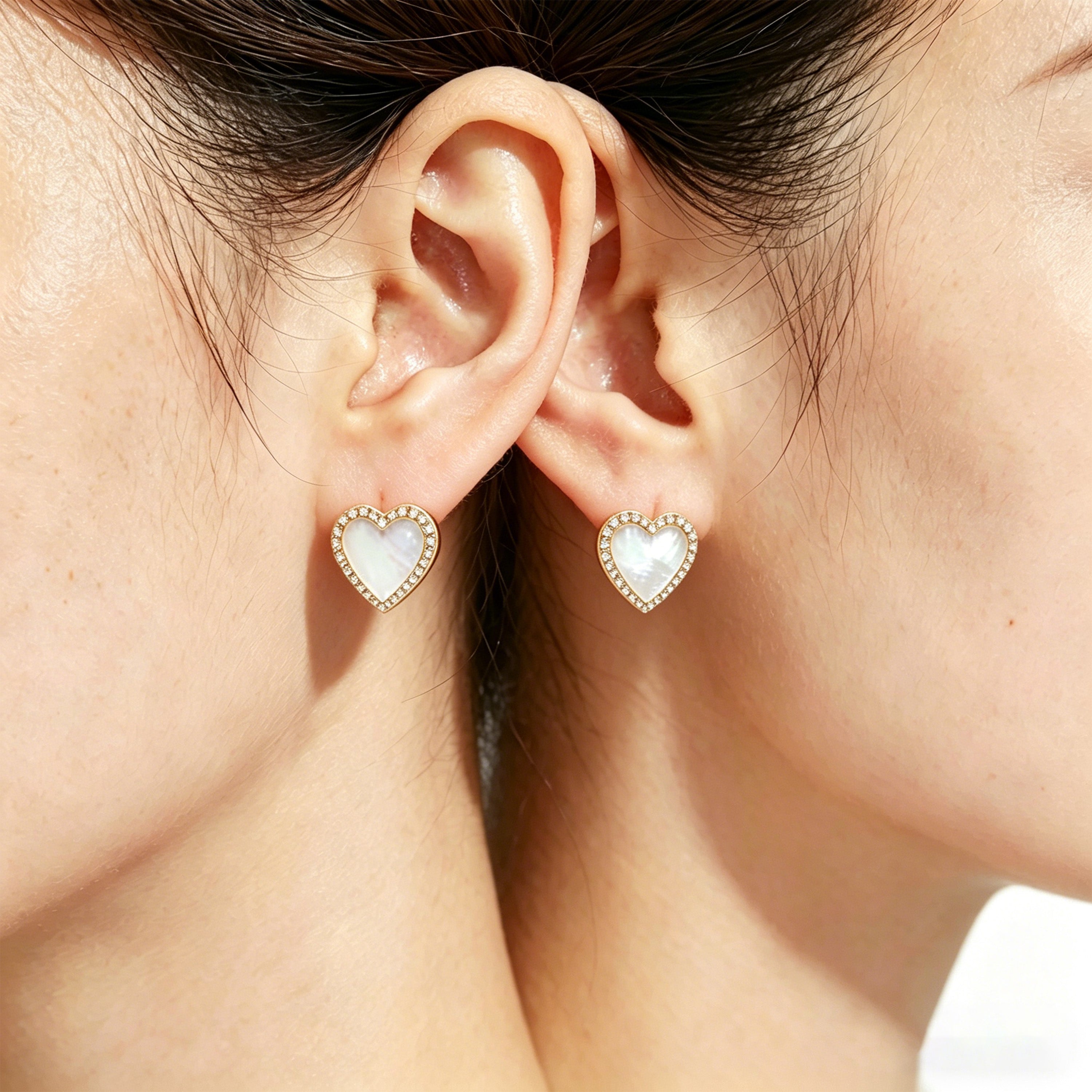10K/14K Yellow Gold Heart Stud Earrings, 0.4ct Lab Grown Diamond & Mother of Pearl, Daily Jewelry for Women