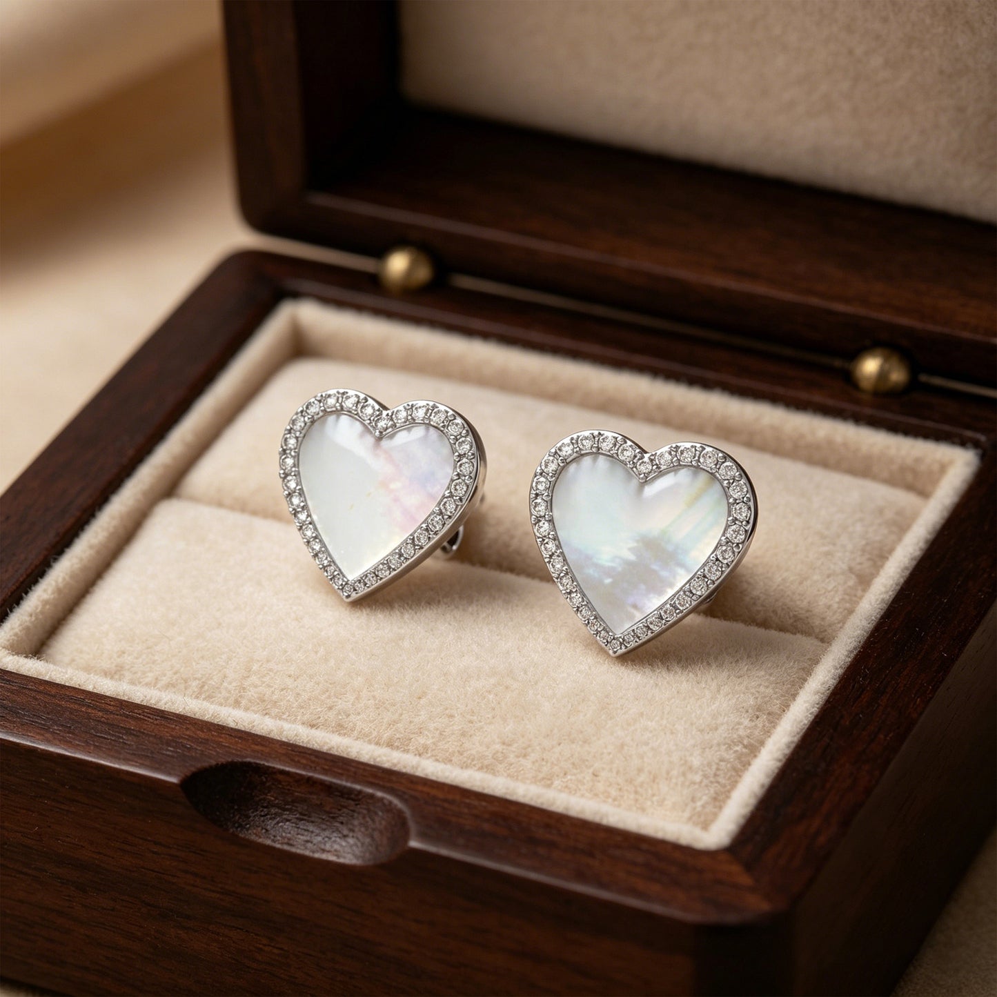 Heart Stud Earrings, 10K/14K White Gold & Platinum Options, Halo Lab Grown Diamond 0.4ct & Mother of Pearl, Hypoallergenic Daily Wear Jewelry Gift for Women