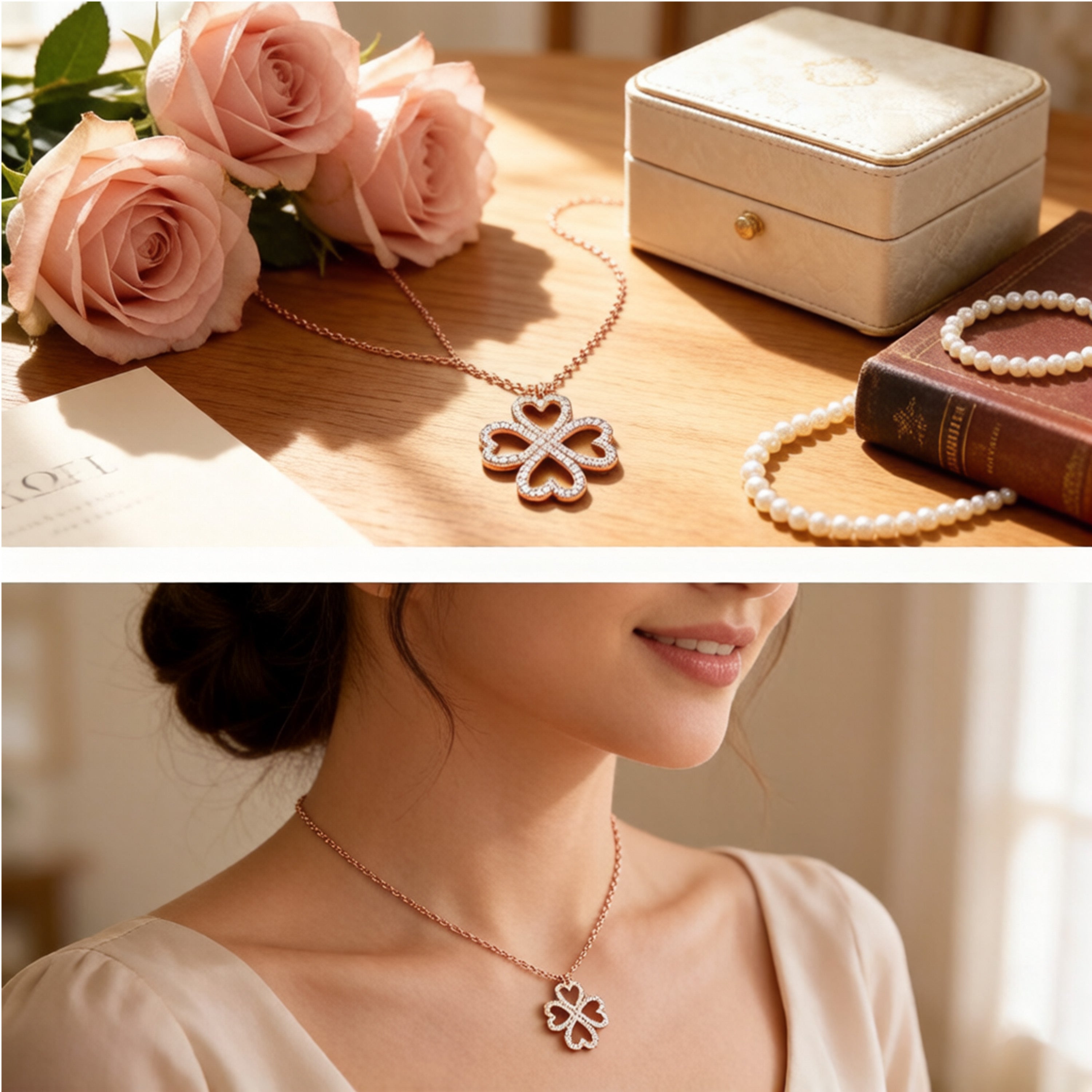 Ophelia Eternity 10K/14K Rose Gold Four-Leaf Clover Heart Pendant Necklace with 0.5ct Lab-Grown Diamonds, Good Luck Jewelry Gift for Women, Sisters & Lovers