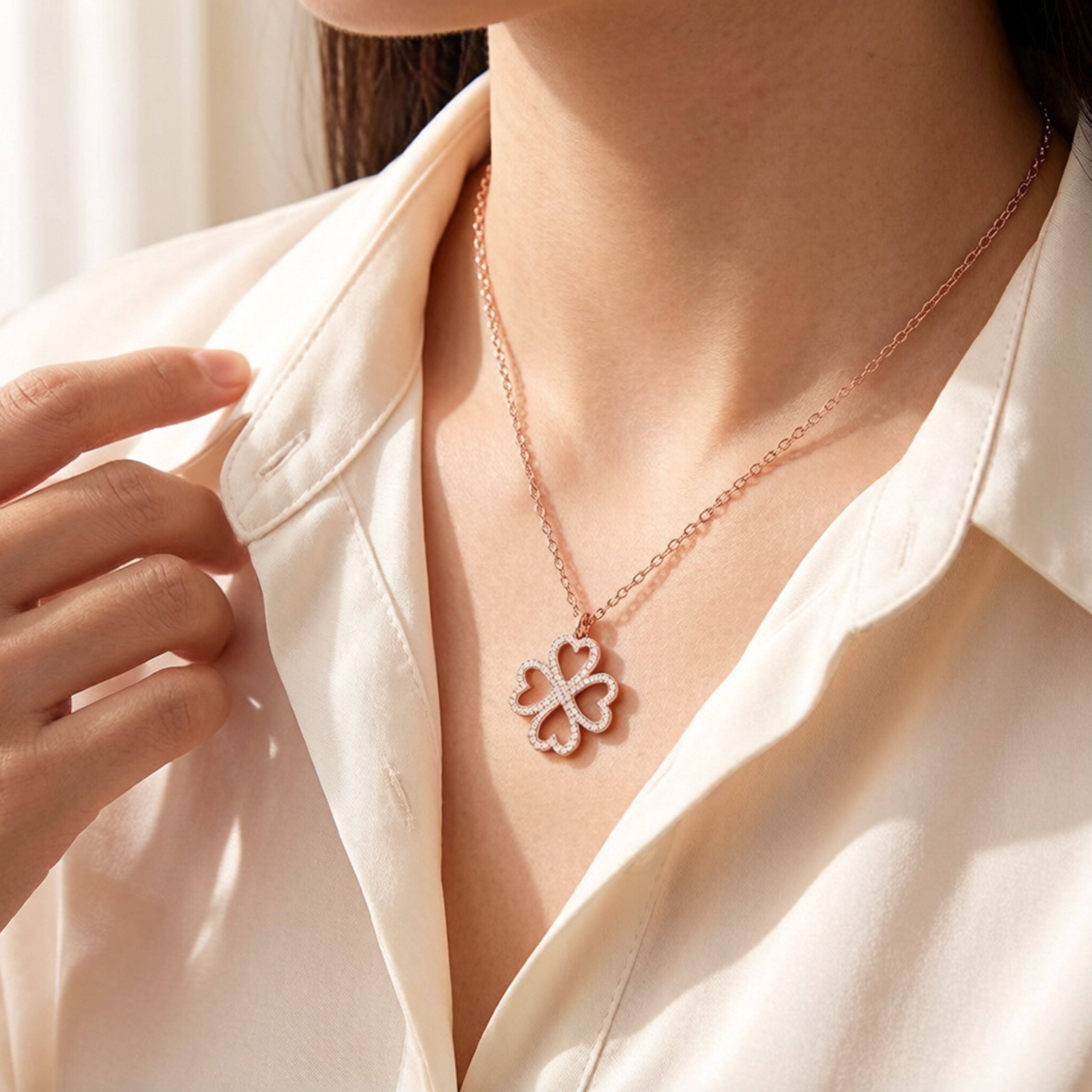 Ophelia Eternity 10K/14K Rose Gold Four-Leaf Clover Heart Pendant Necklace with 0.5ct Lab-Grown Diamonds, Good Luck Jewelry Gift for Women, Sisters & Lovers