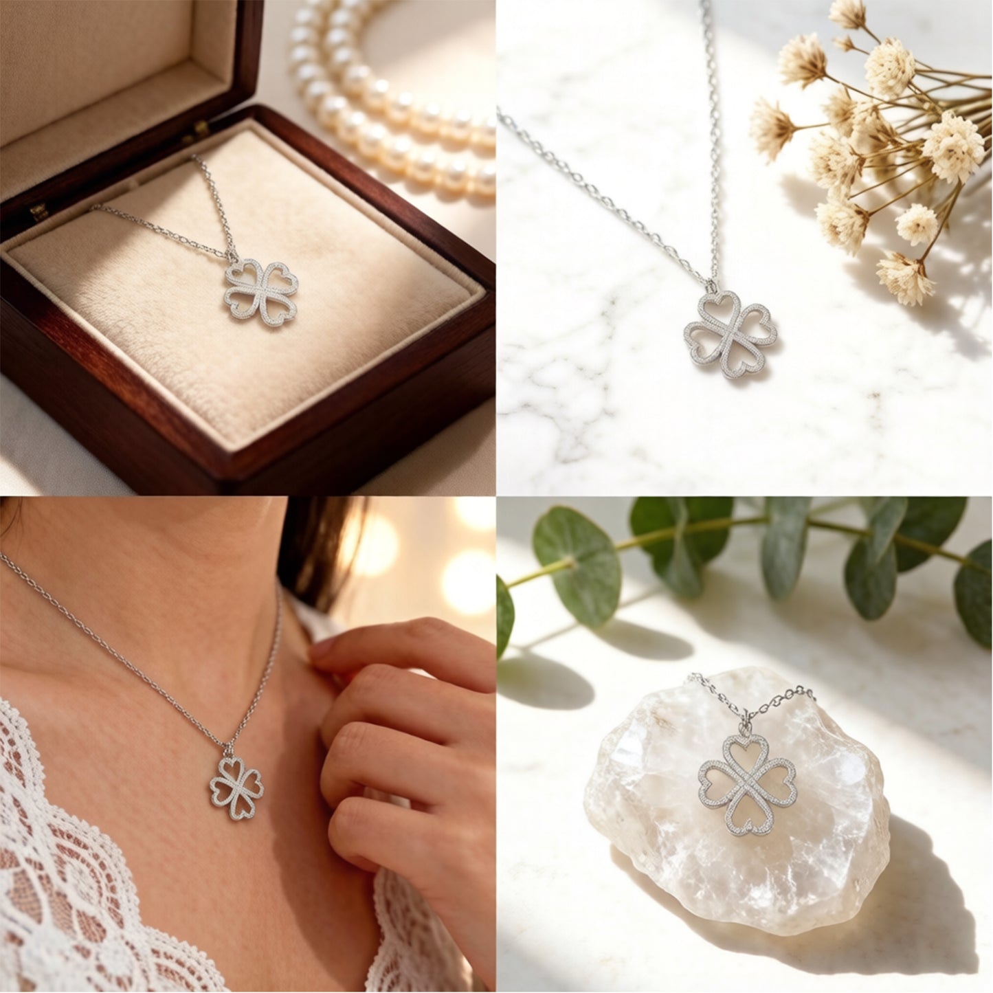 Ophelia Eternity 10K/14K White Gold Four-Leaf Clover Heart Pendant Necklace with 0.5ct Lab-Grown Diamonds, Good Luck Jewelry Gift for Women, Sisters, Lovers & Clients
