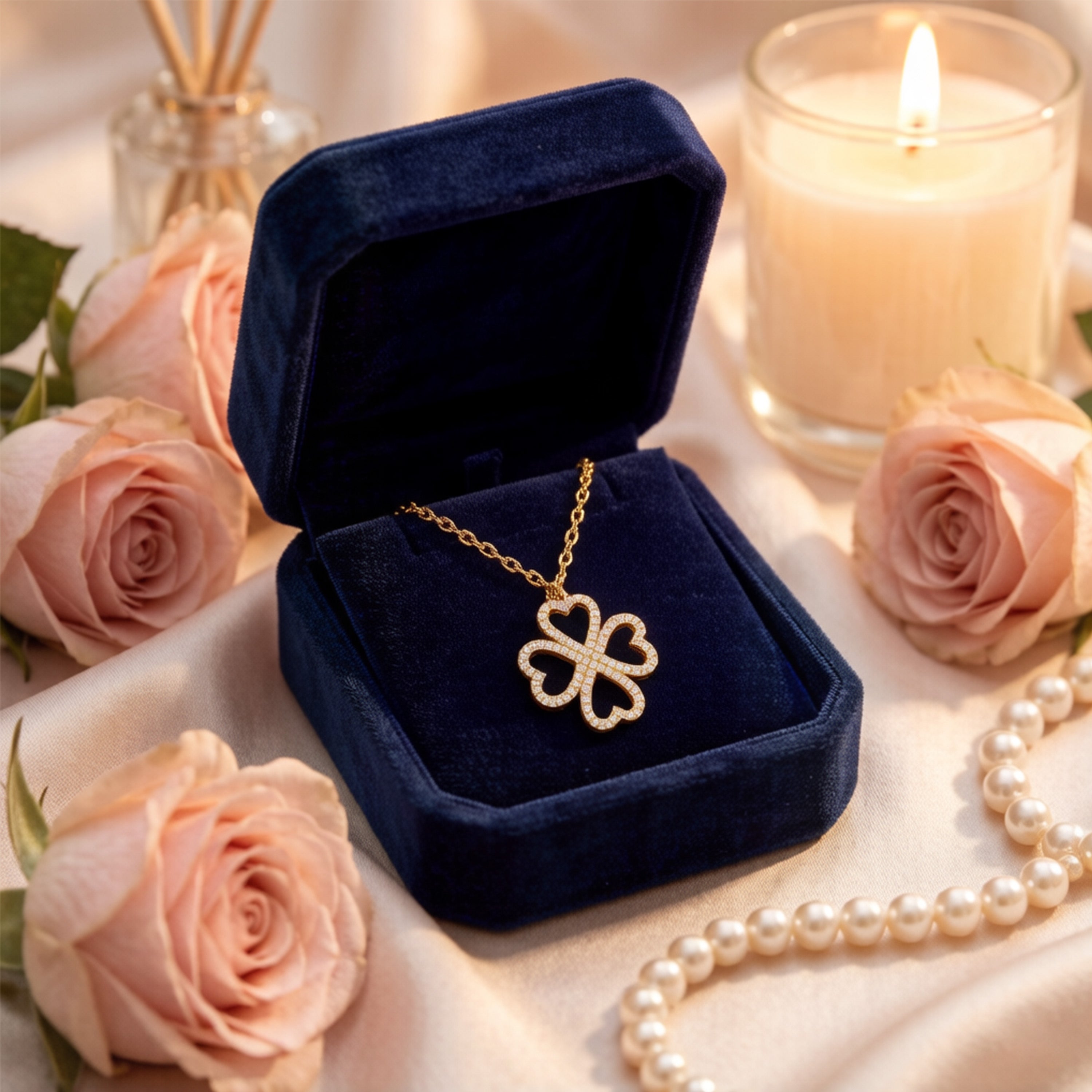 Ophelia Eternity 10K/14K Yellow Gold Four-Leaf Clover Heart Pendant Necklace with 0.5ct Lab-Grown Diamonds, Good Luck Jewelry Gift for Women, Sisters & Lovers