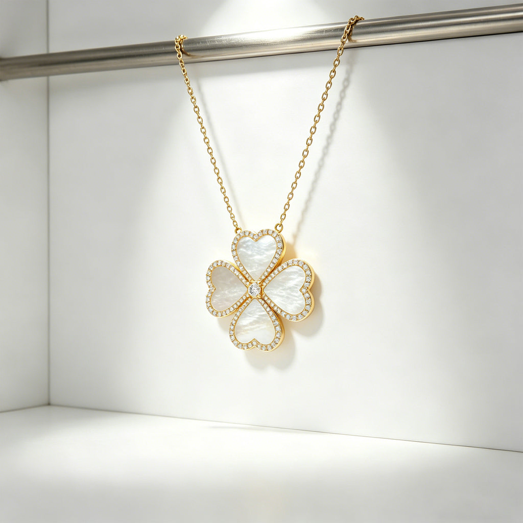 Mother-of-Pearl Heart Clover Lab-Grown Diamond Necklace - 0.50 CTW