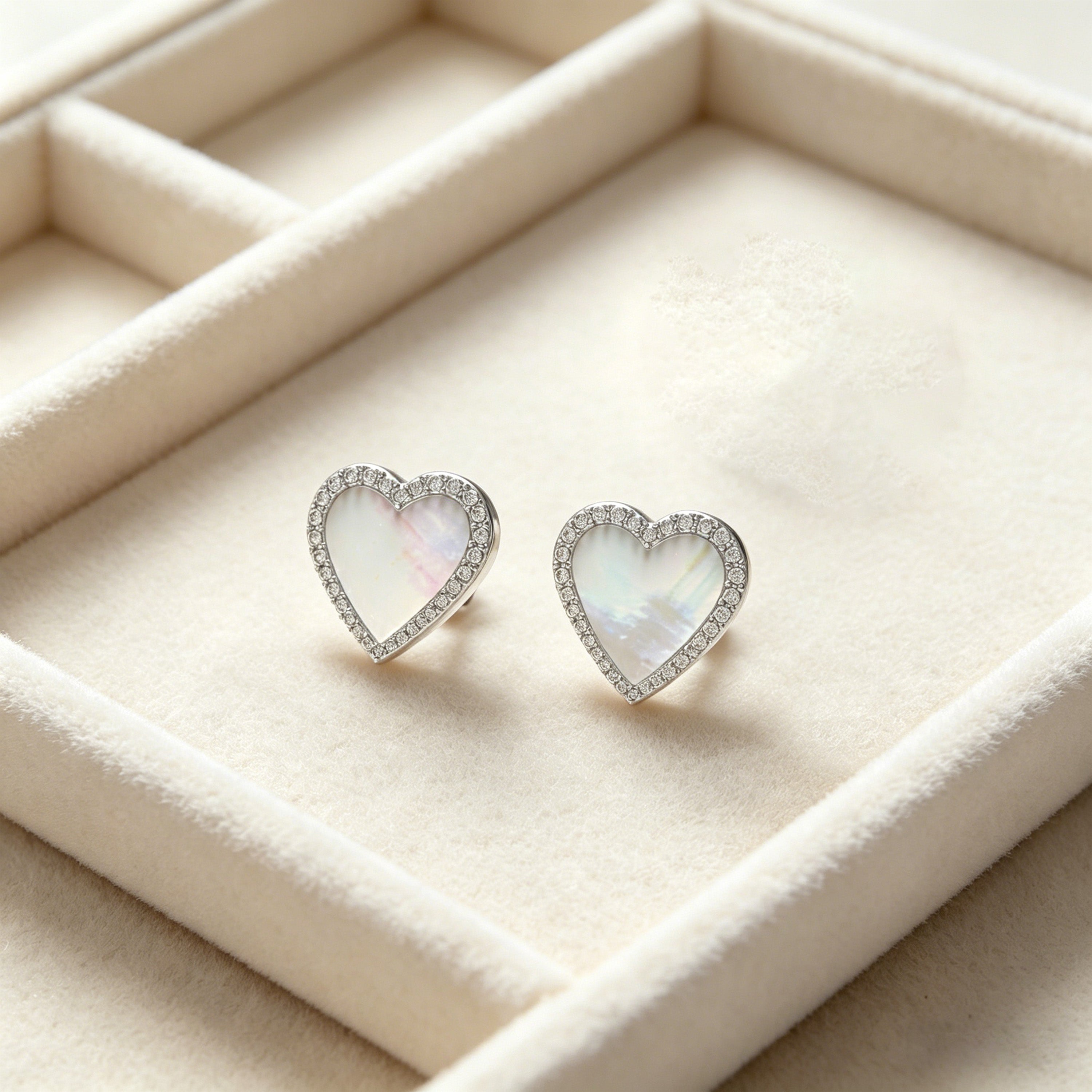 925 Sterling Silver Heart Stud Earrings, 0.4ct Lab Grown Moissanite & Mother of Pearl, Hypoallergenic Daily Wear Earrings for Women