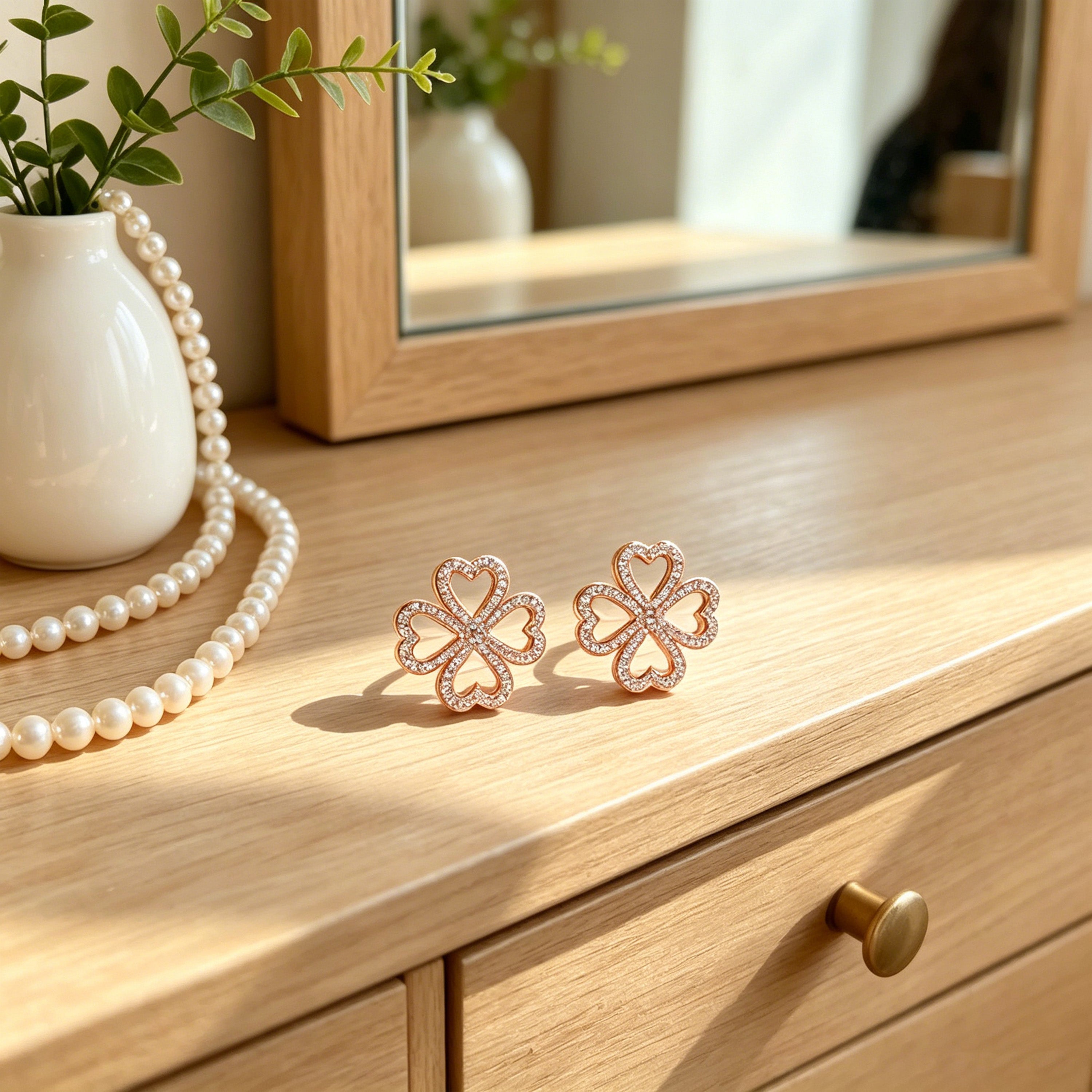 0.45ct Lab Grown Diamond Four-Leaf Clover Stud Earrings, 10K/14K Rose Gold Lucky Heart Jewelry Gift