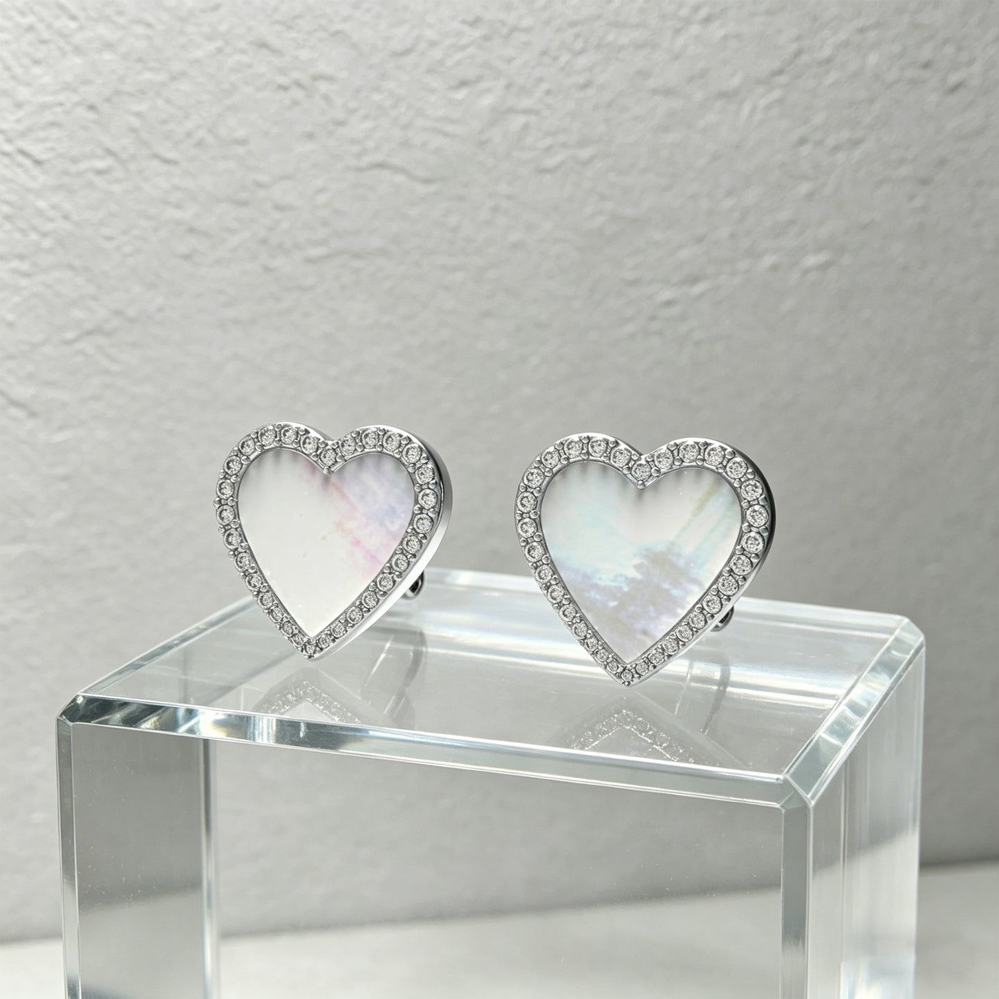 Heart Stud Earrings, 10K/14K White Gold & Platinum Options, Halo Lab Grown Diamond 0.4ct & Mother of Pearl, Hypoallergenic Daily Wear Jewelry Gift for Women