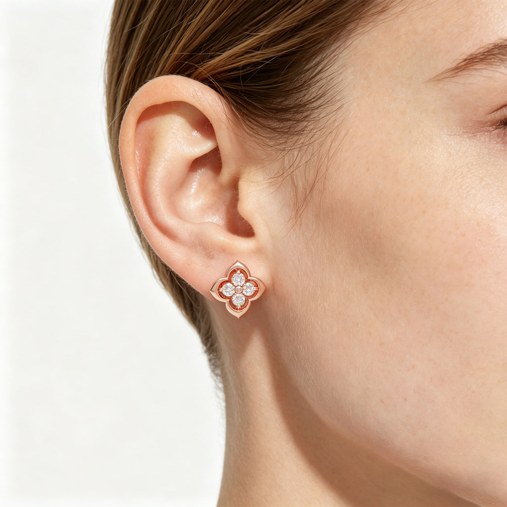 Serene Bloom Rose Gold Clover Diamond Stud Earrings