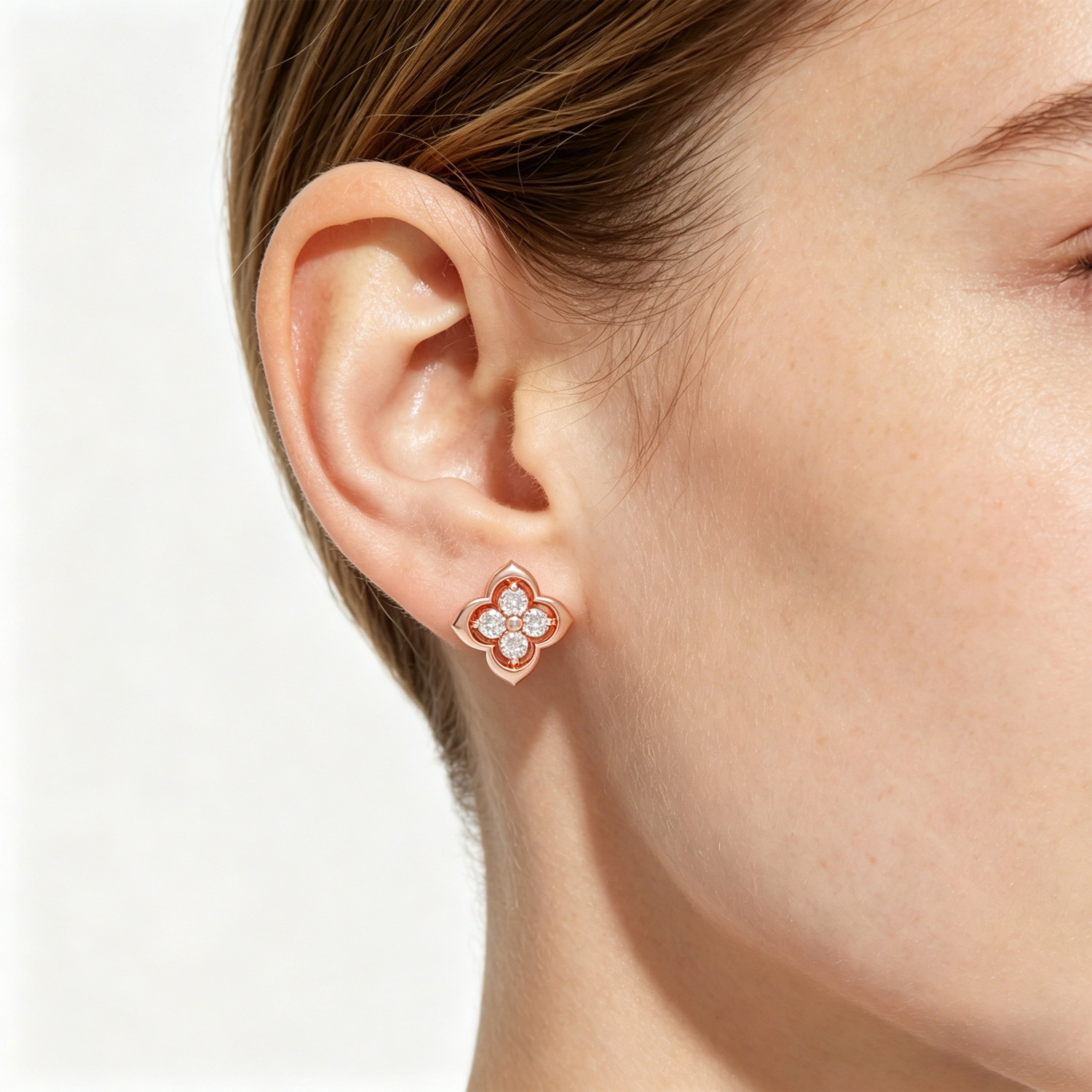 Serene Bloom Rose Gold Clover Diamond Stud Earrings