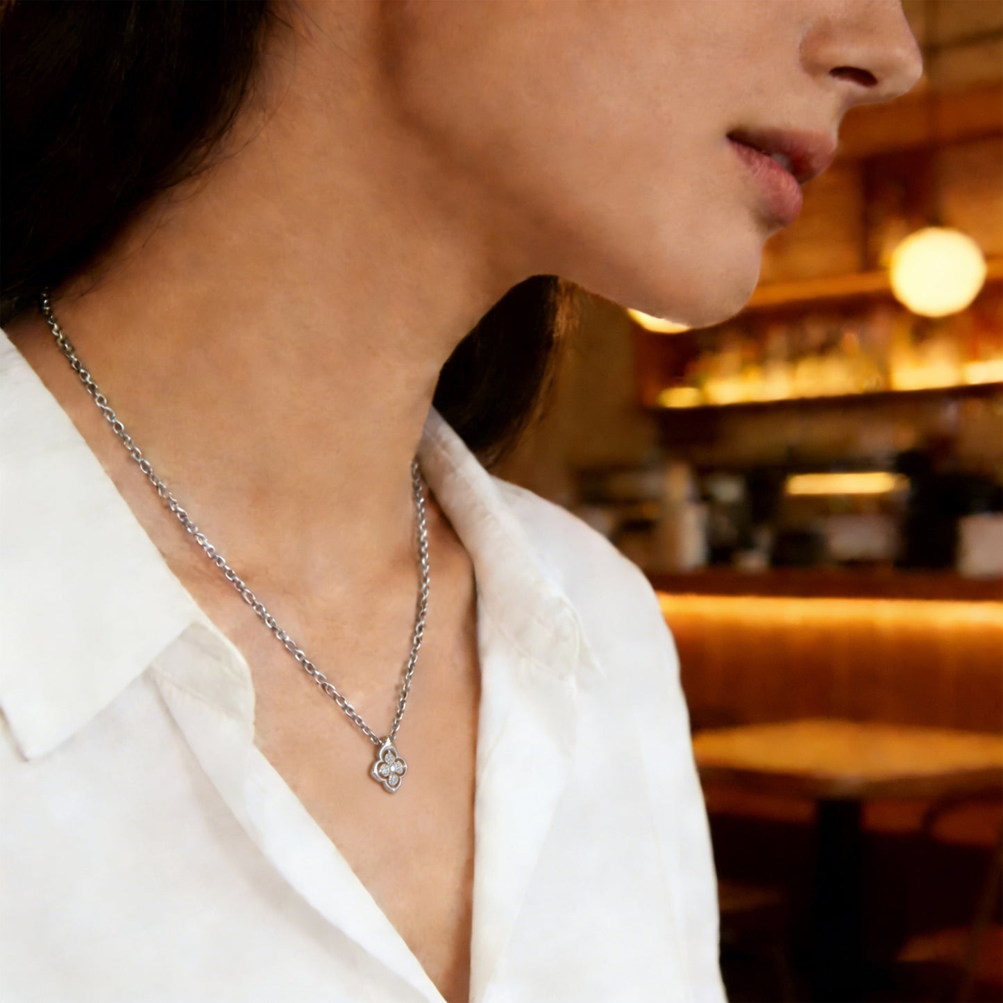 0.4ct Lab Grown Diamond Clover Pendant Necklace, 18K White Gold, Song Dynasty Aesthetics Inspired, Elegant Women’s Jewelry Gift for Her, Mom, Sister, Wife, Client
