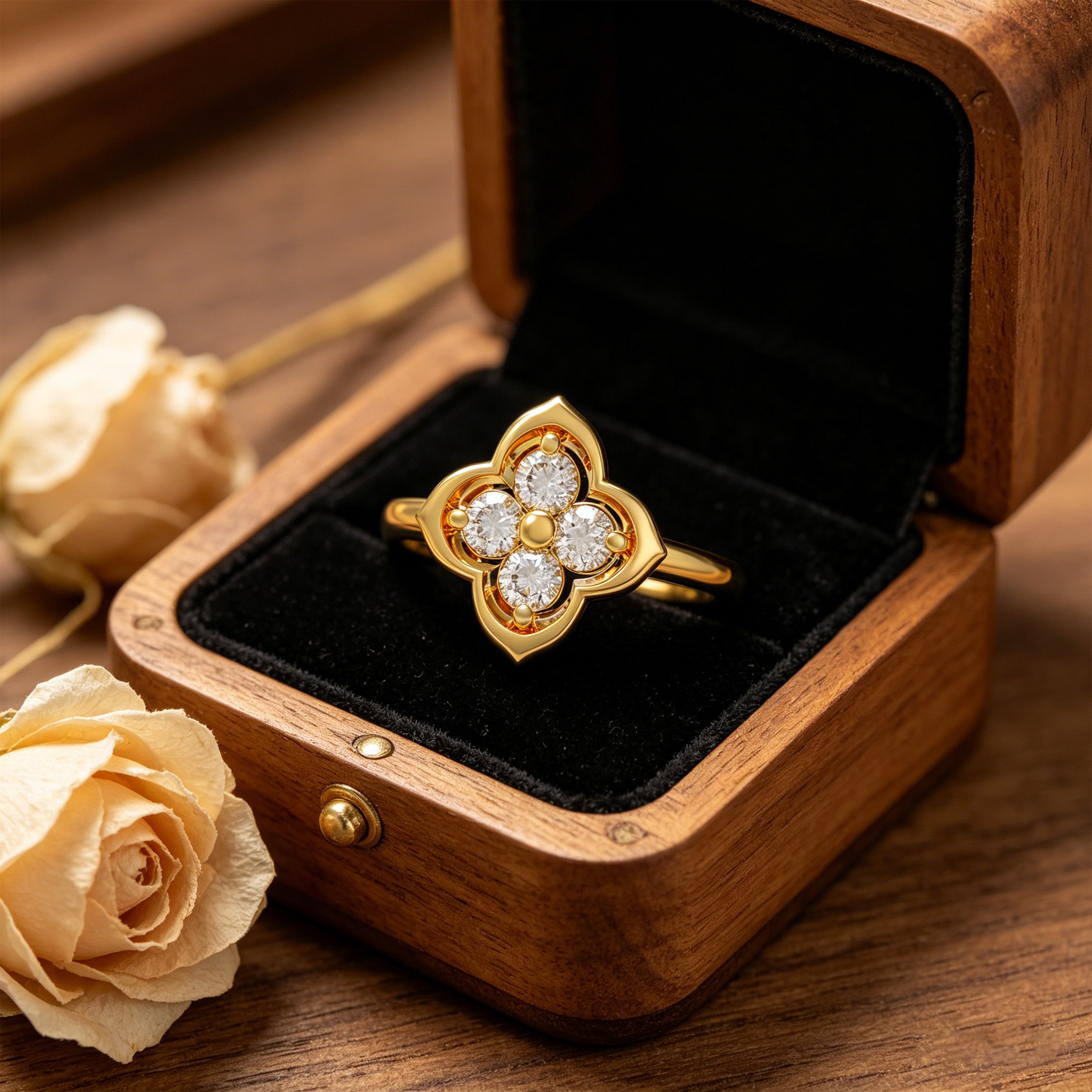 Serene Bloom Yellow Gold Clover Diamond Ring