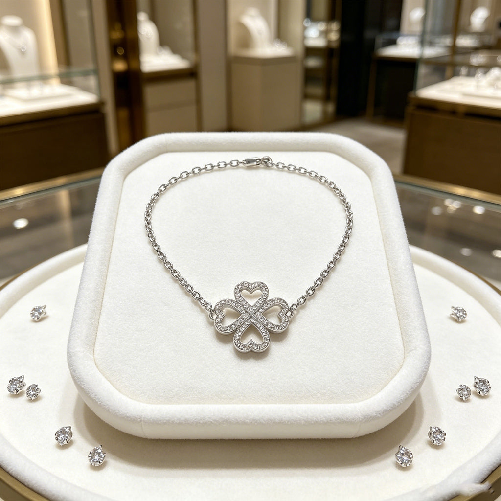 Lucky Hearts Four-Leaf Clover Moissanite Bracelet in Sterling Silver