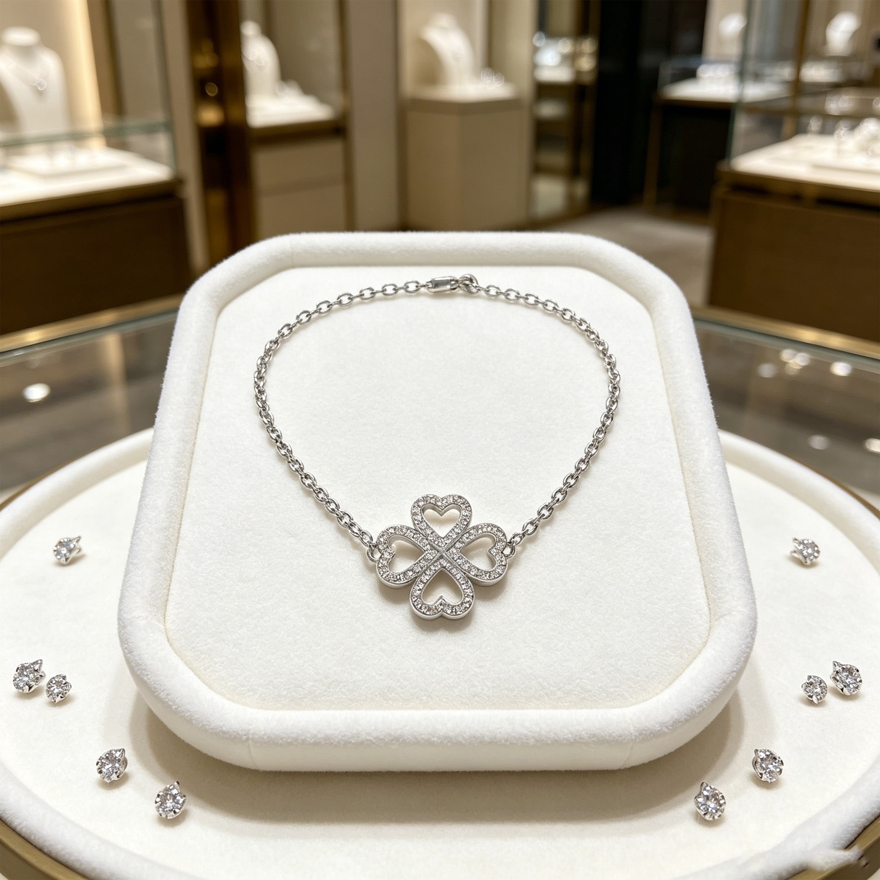 Lucky Hearts Four-Leaf Clover Moissanite Bracelet in Sterling Silver