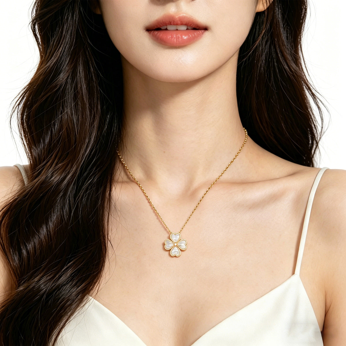 Mother-of-Pearl Heart Clover Lab-Grown Diamond Necklace - 0.50 CTW