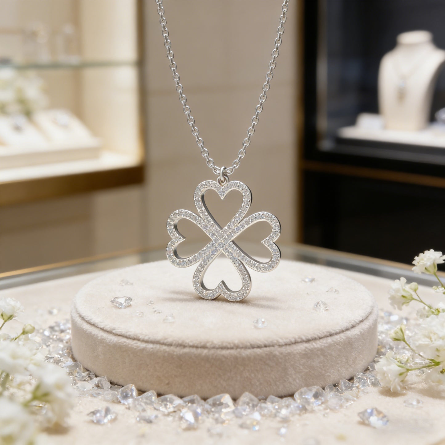 Ophelia Eternity 10K/14K White Gold Four-Leaf Clover Heart Pendant Necklace with 0.5ct Lab-Grown Diamonds, Good Luck Jewelry Gift for Women, Sisters, Lovers & Clients