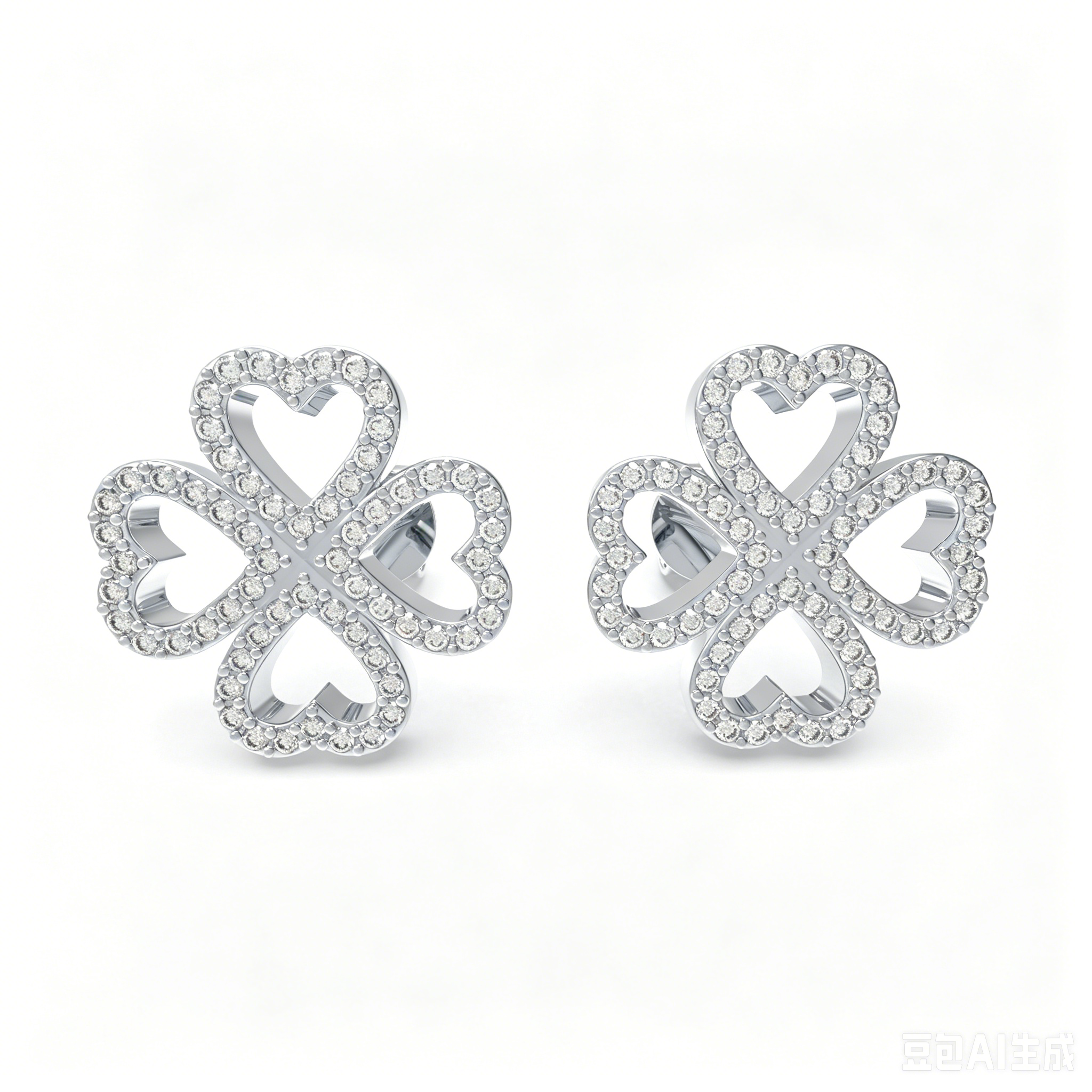 10K/14K White Gold or Platinum 950 Clover Stud Earrings, 0.45ct Lab Grown Diamond Heart Earrings, Lucky Four-Leaf Clover Jewelry