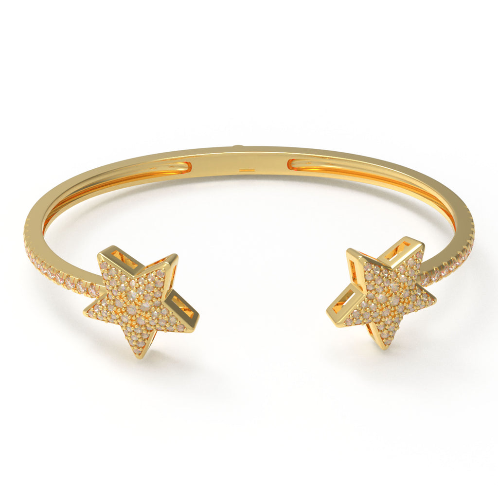 Golden Twin Stars 128-Diamond Open Cuff Bracelet in 10K/14K Gold