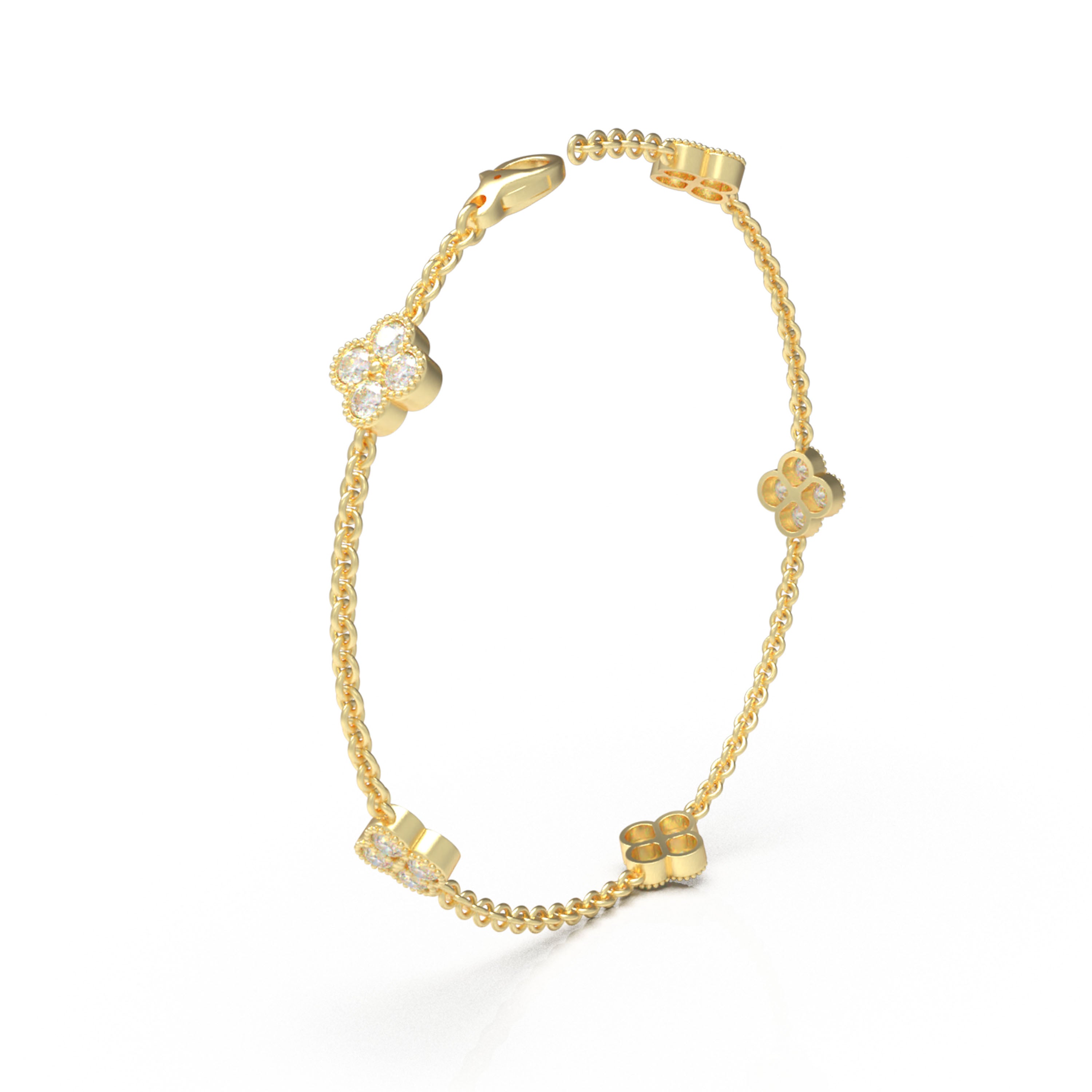 Sterling Silver 14K Gold Plated Four Leaf Clover Lucky Bracelet with 1ct/2ct/3ct Moissanite Stones, Gift for Her