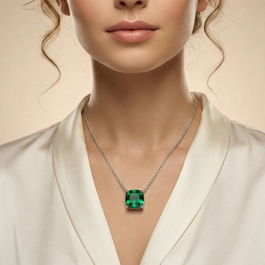 Evergreen Dew Cushion-Cut Lab-Grown Emerald Pendant Necklace in Sterling Silver