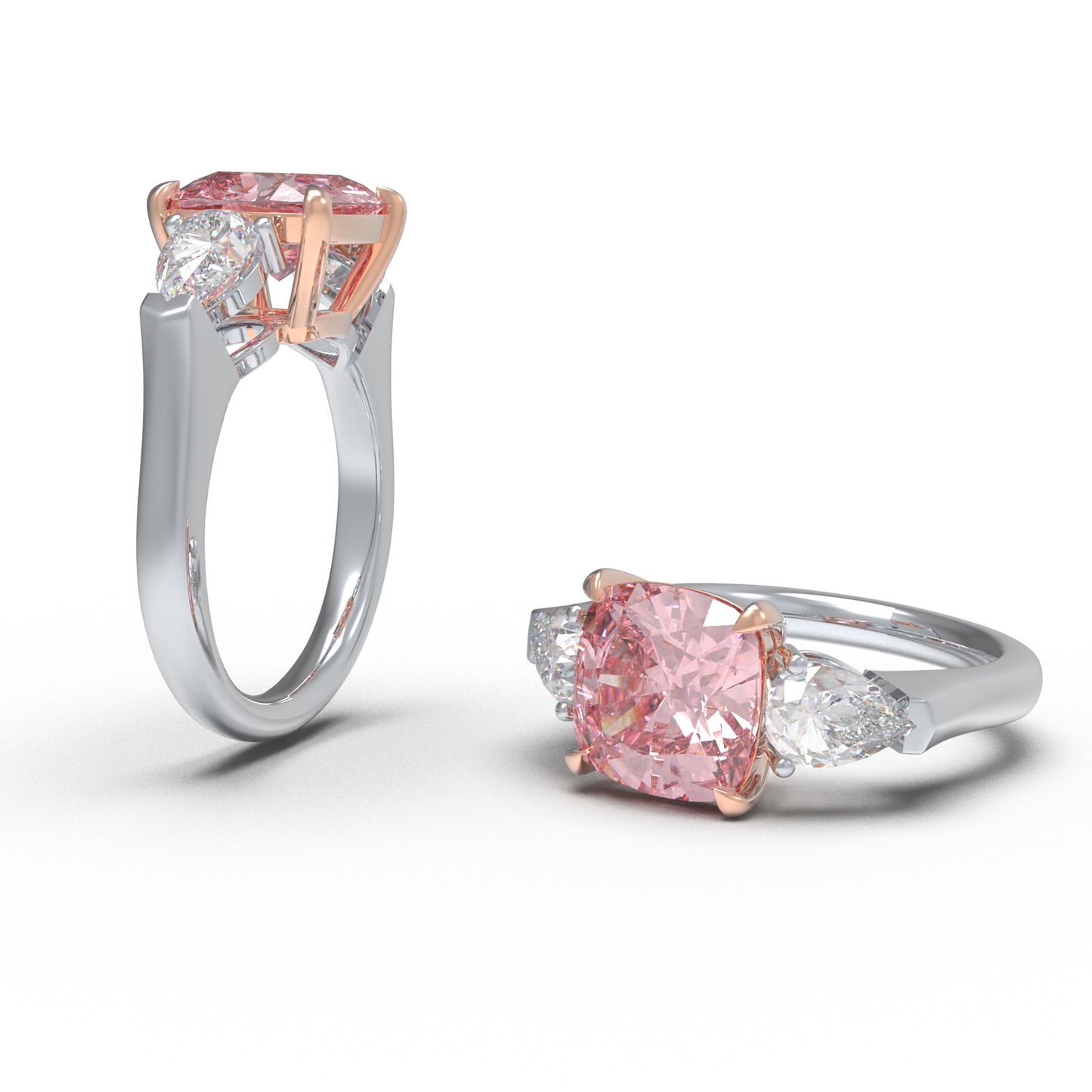 2ct Lab-Grown Pink Cushion Cut Diamond Engagement Ring, 0.8ct Labgrown Pear diamond Side Stones (0.4ct/ea VVS1-VVS2, D-E color) , 10K/14K/18K White Gold or Platinum with Rose Gold Prongs, Wedding & Anniversary Ring