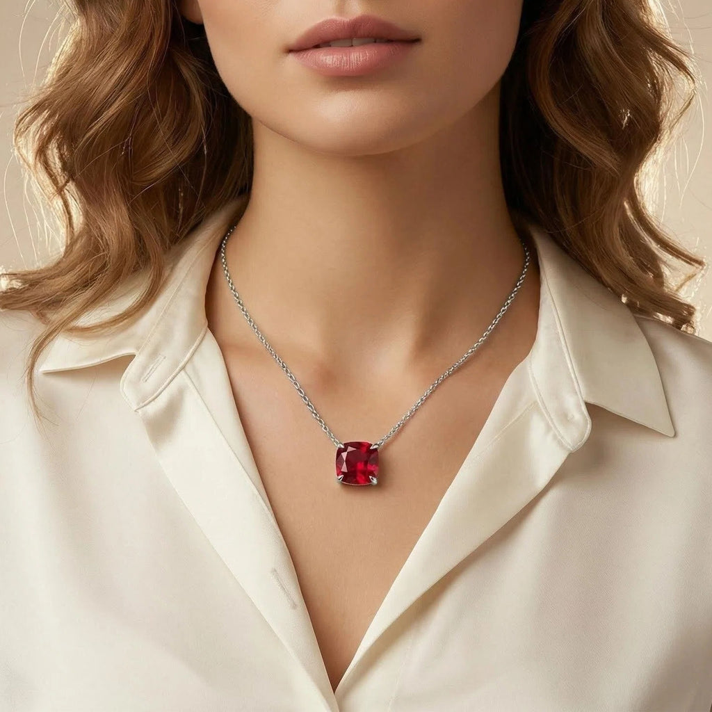 Crimson Vow Cushion-Cut Lab-Grown Ruby Pendant Necklace in Sterling Silver