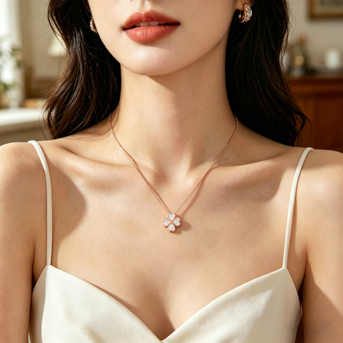 Mother-of-Pearl Heart Clover Lab-Grown Diamond Necklace - 0.50 CT