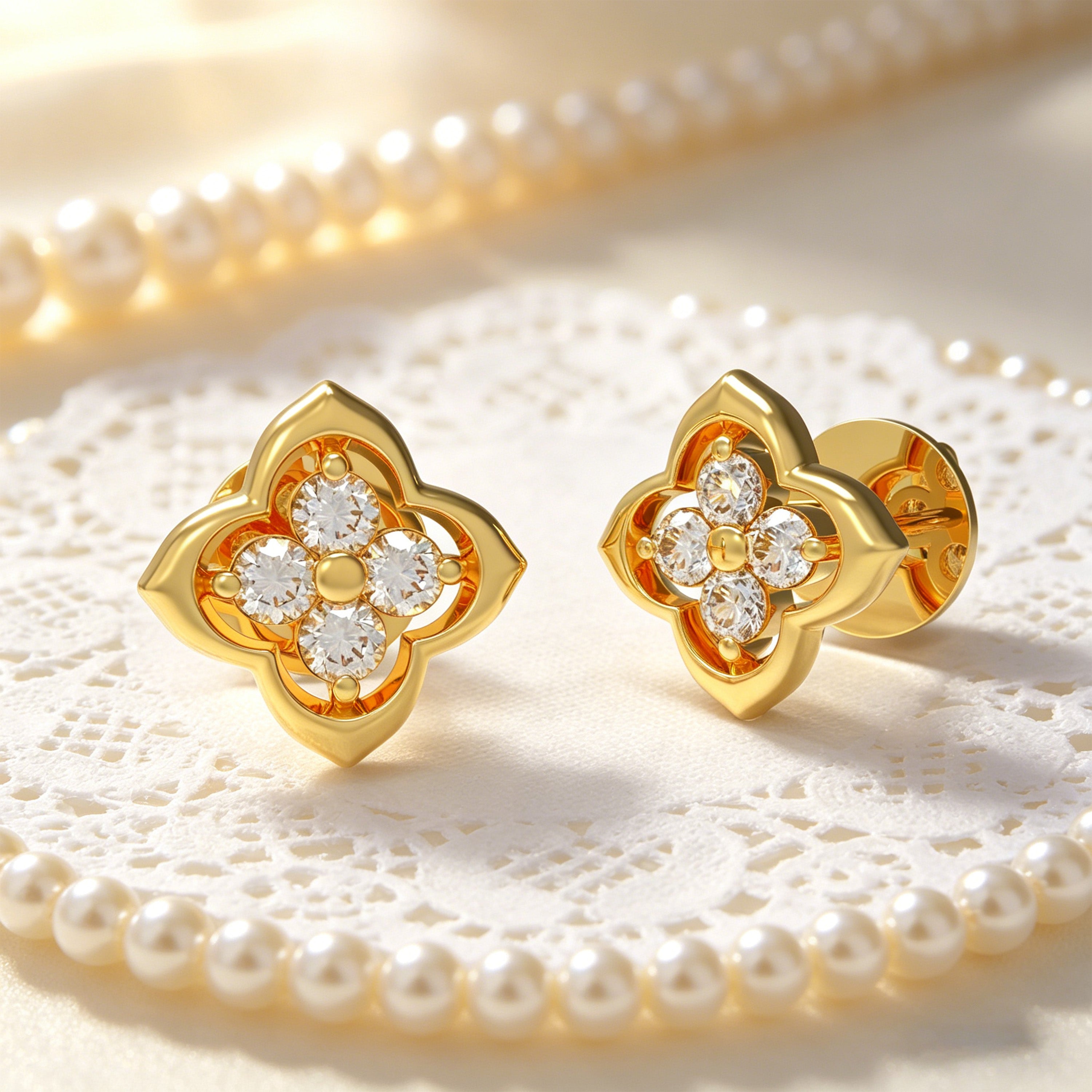 Serene Bloom Yellow Gold Clover Diamond Stud Earrings