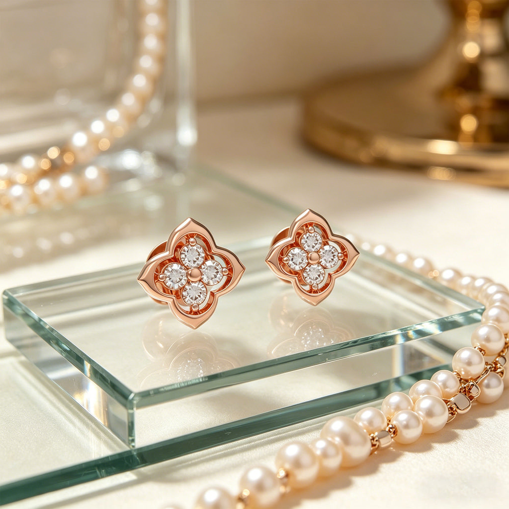 Serene Bloom Rose Gold Clover Diamond Stud Earrings