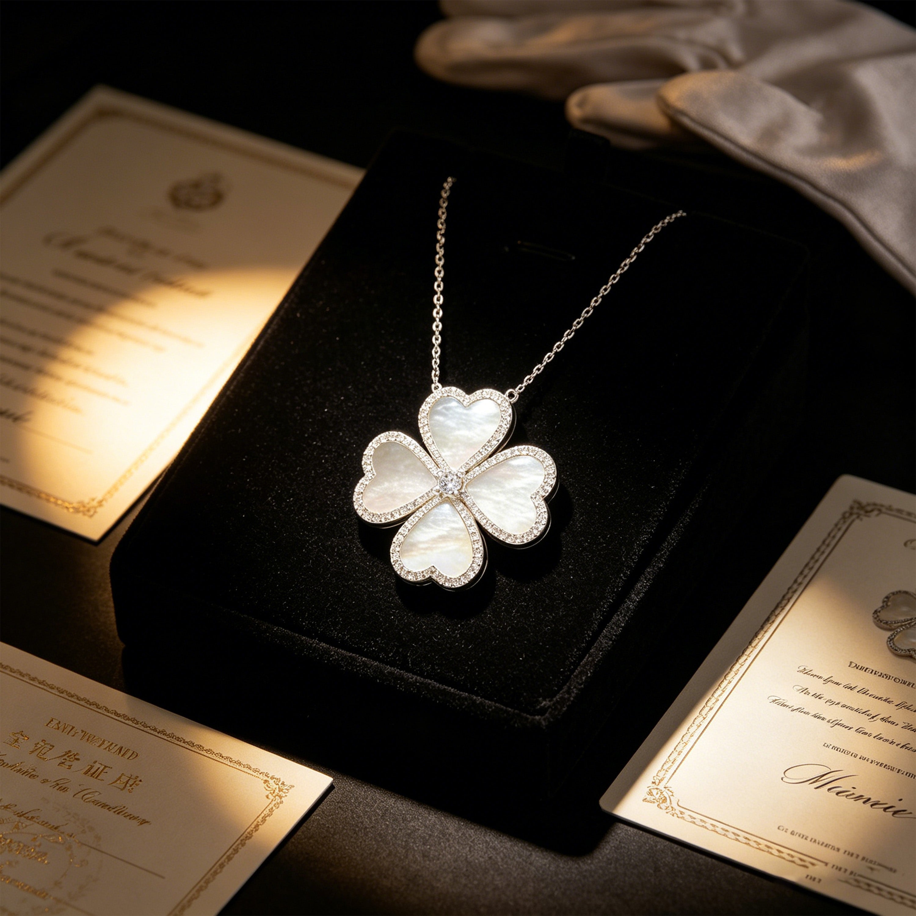 10K/14K White Gold Heart Clover Pendant Necklace, 0.5CT Lab Grown Diamond with Natural Mother of Pearl Handmade Jewelry Gift