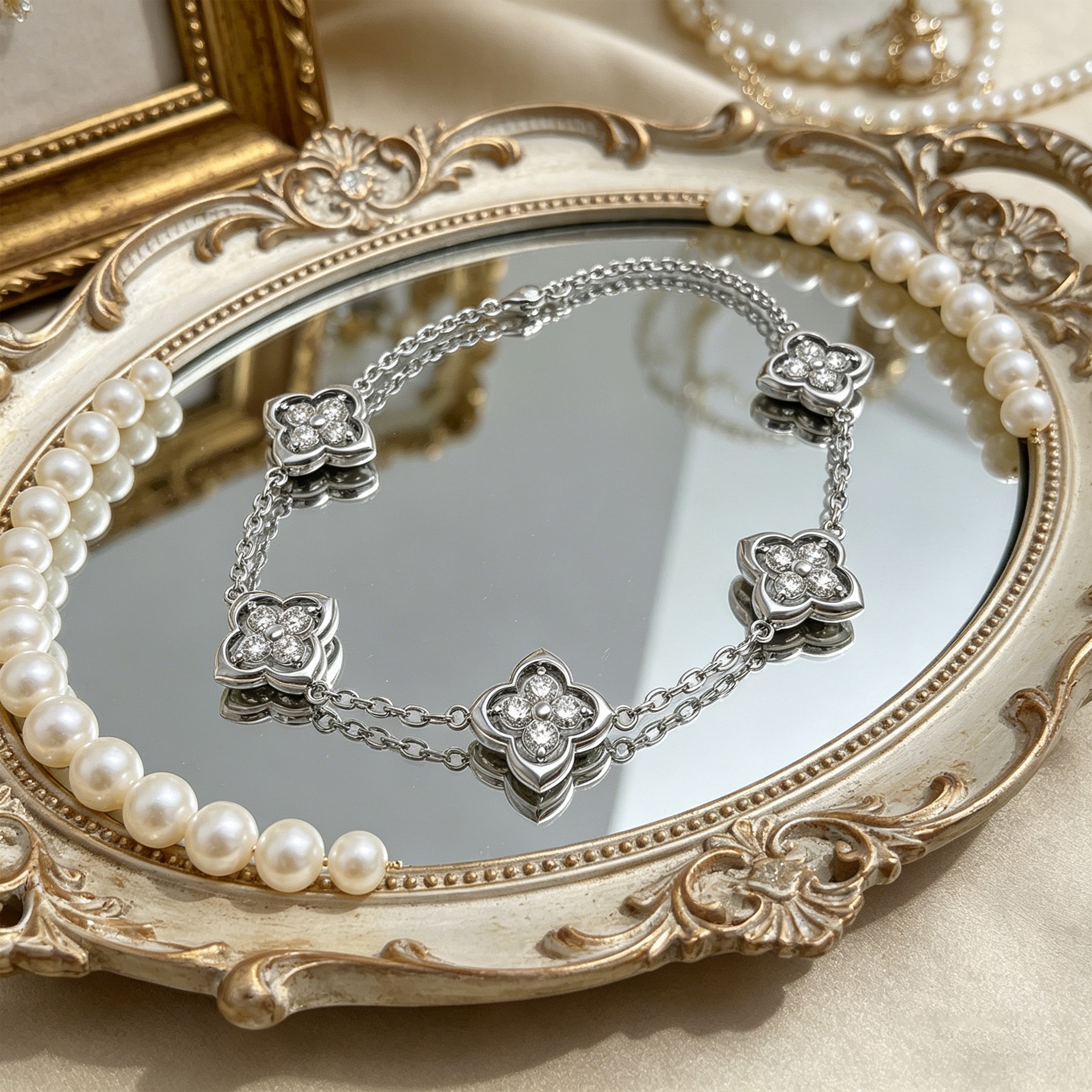 925 Silver Moissanite Four Leaf Clover Bracelet, Women Holiday Gift