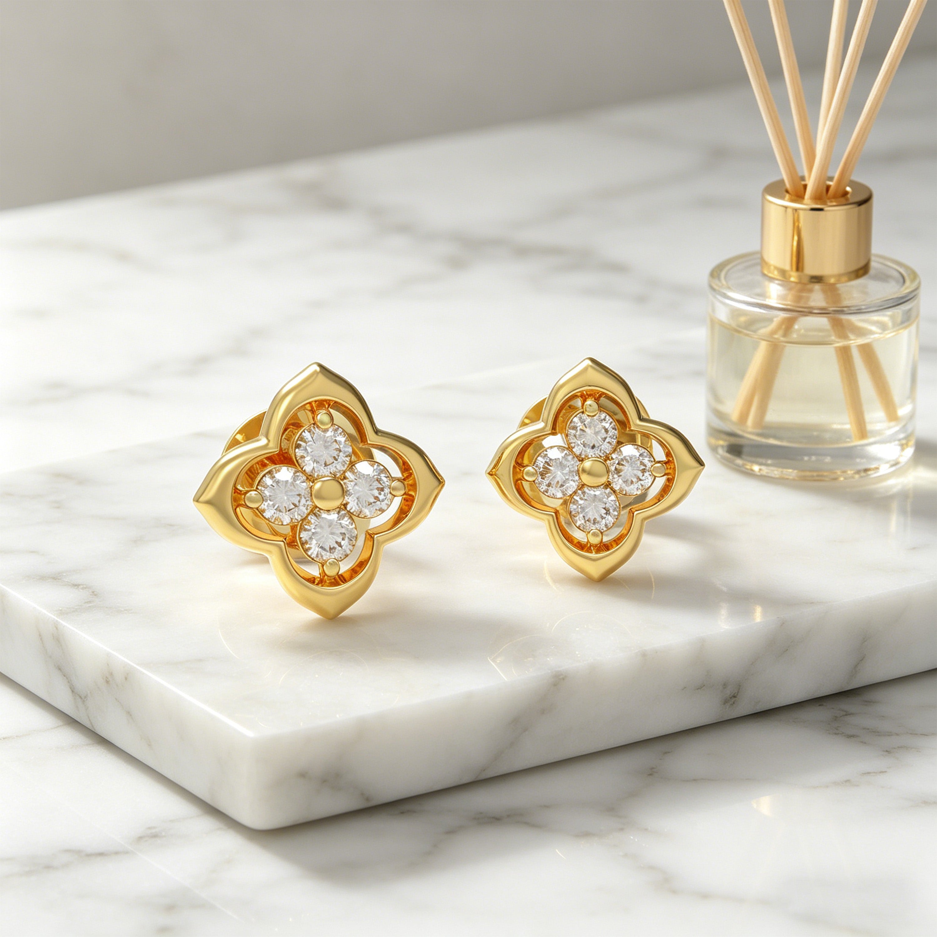 Serene Bloom Yellow Gold Clover Diamond Stud Earrings