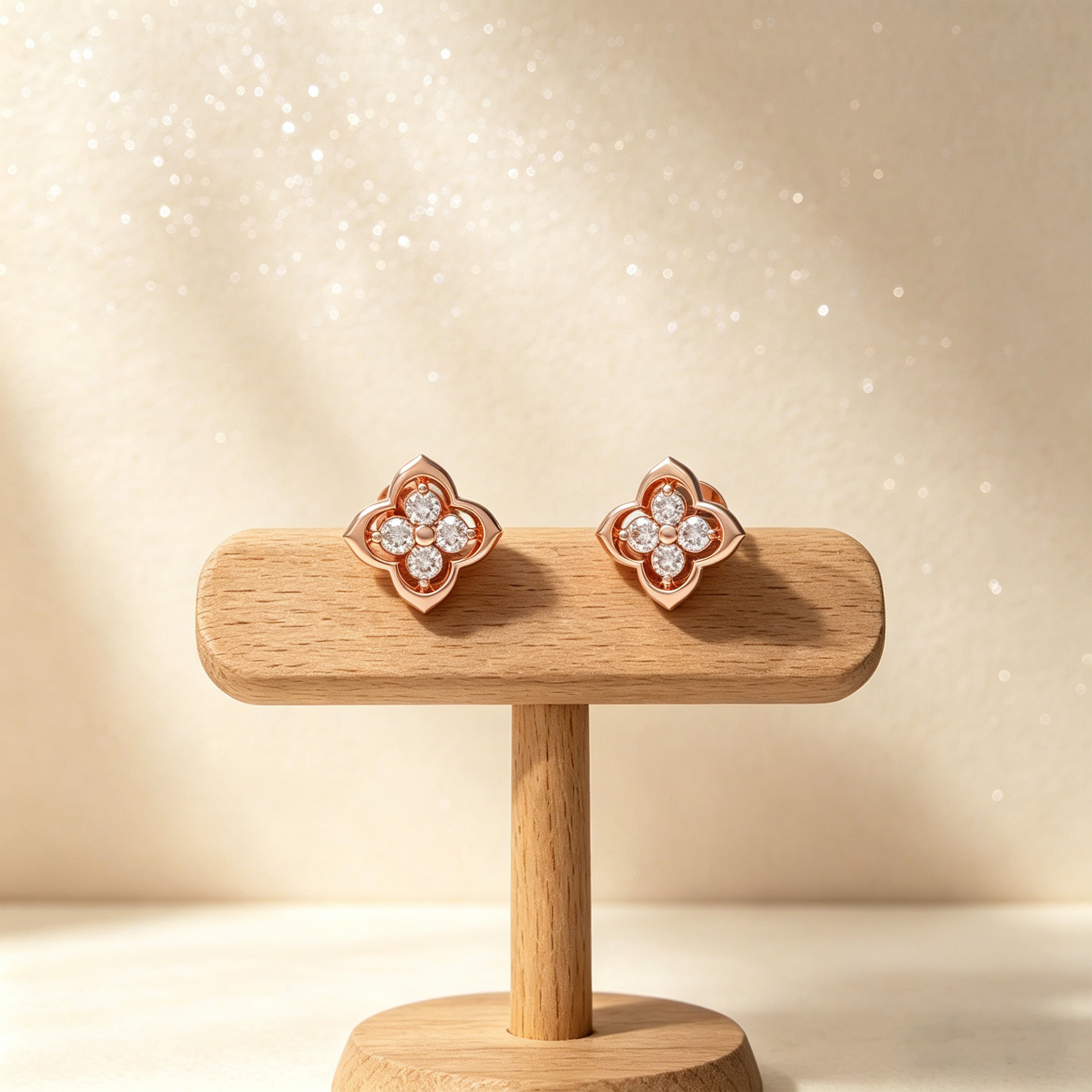 Serene Bloom Rose Gold Clover Diamond Stud Earrings