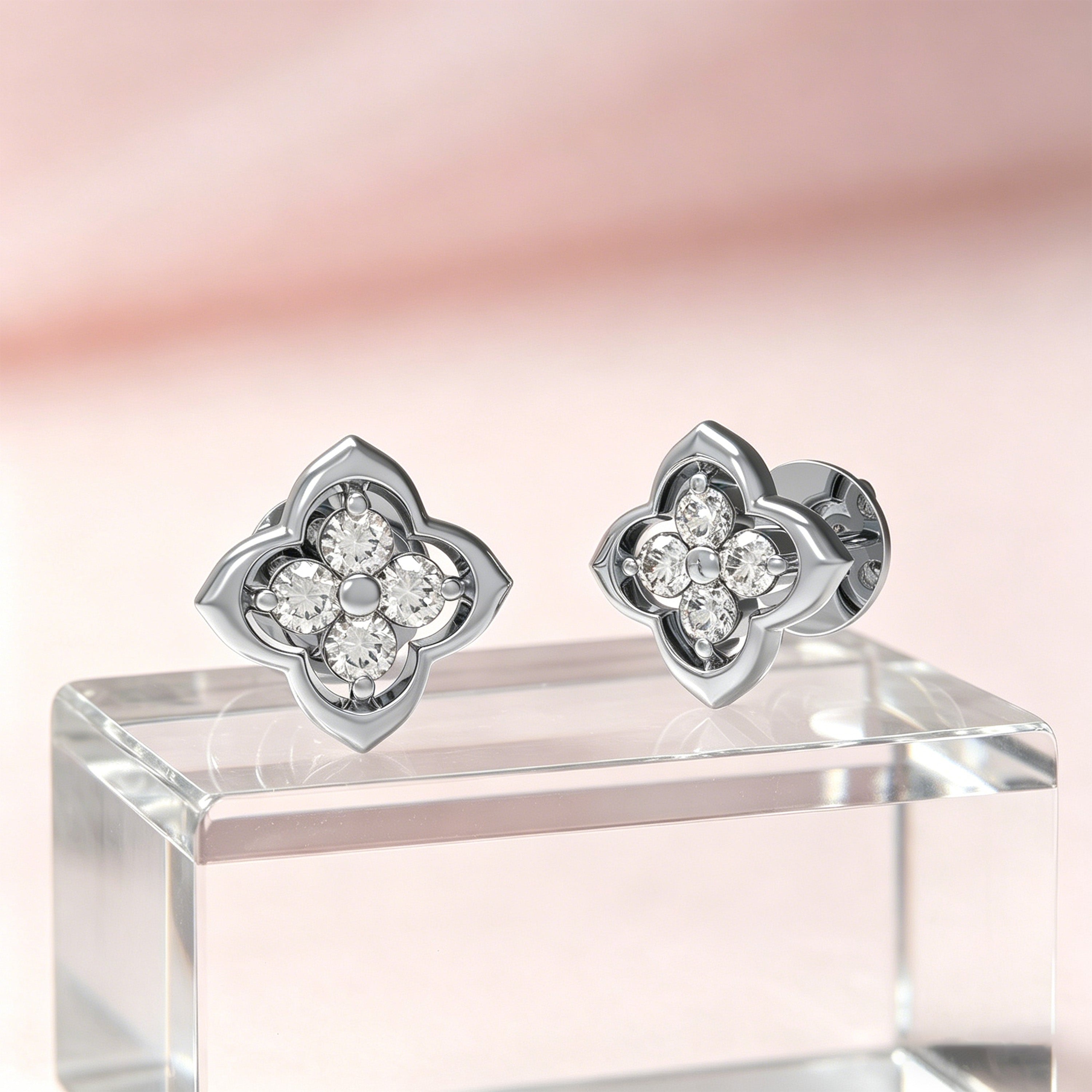 10K/14K White Gold or Platinum Clover Lab-Grown Diamond Stud Earrings, 0.4 CTW, Song Dynasty Inspired