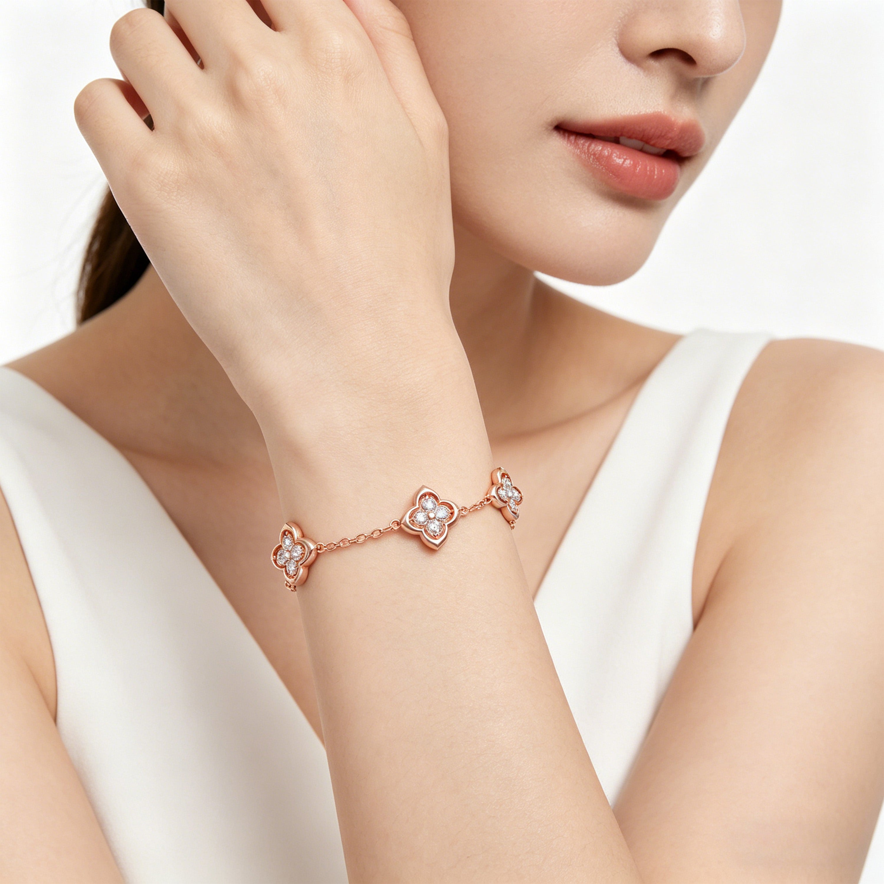 10K 14K Gold Lab Grown Diamond Four Leaf Clover Bracelet, White Gold Yellow Gold Rose Gold Lucky Jewelry Gift for Women Holiday Birthday