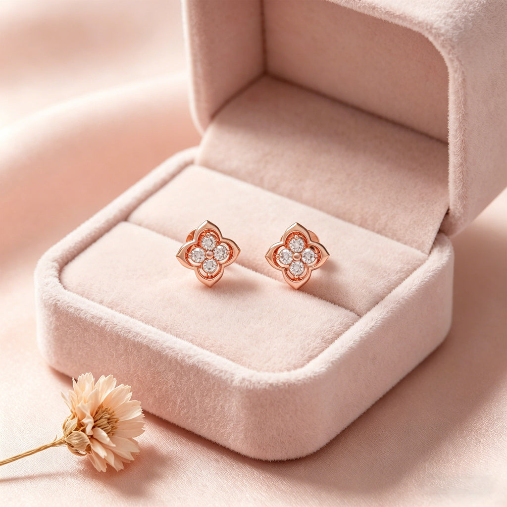 Serene Bloom Rose Gold Clover Diamond Stud Earrings