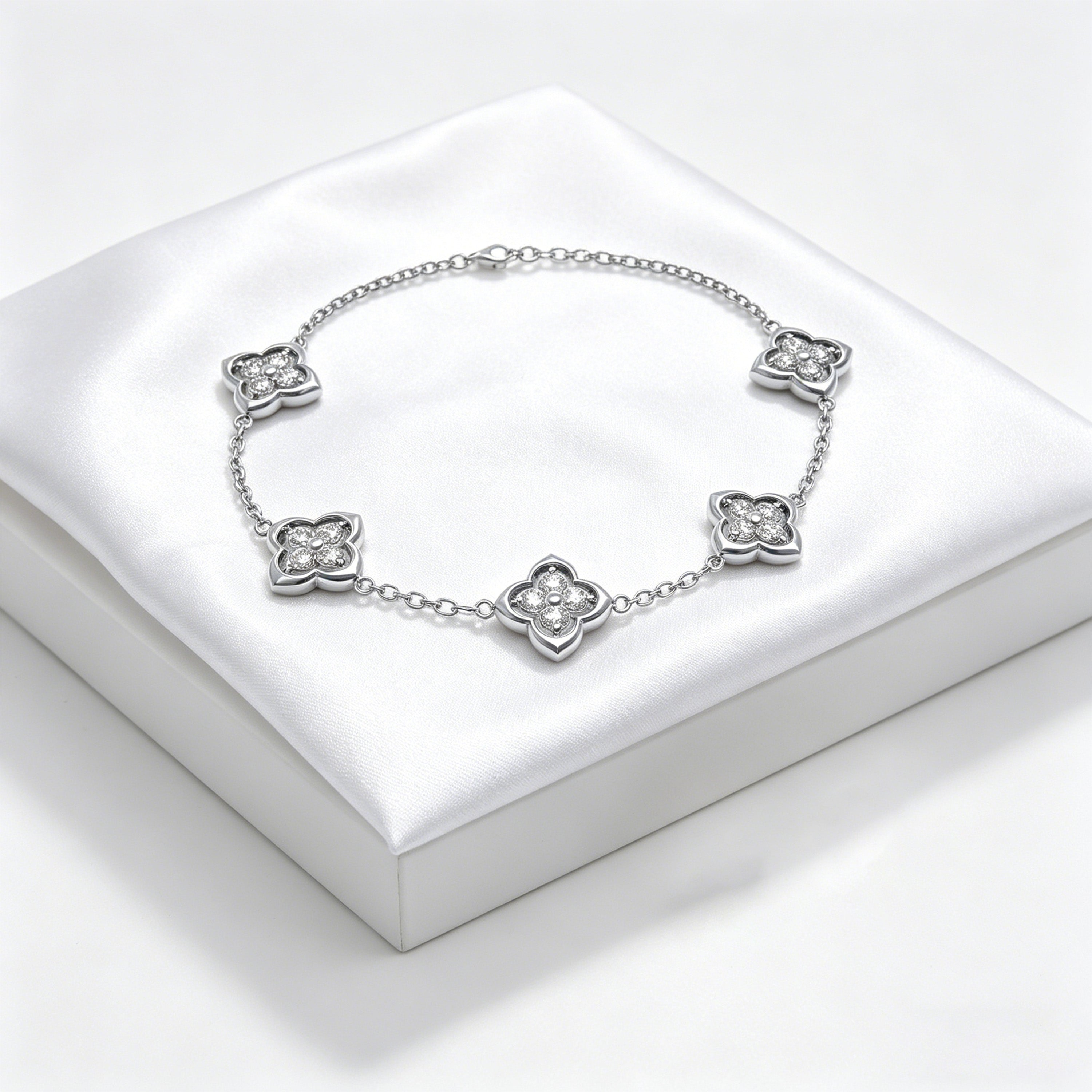 925 Silver Moissanite Four Leaf Clover Bracelet, Women Holiday Gift