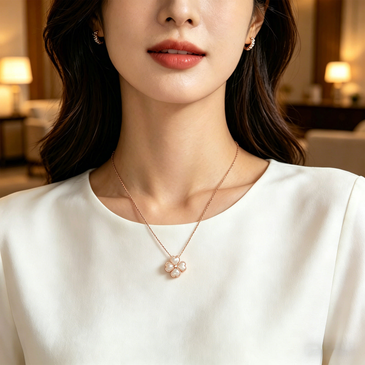Mother-of-Pearl Heart Clover Lab-Grown Diamond Necklace - 0.50 CT