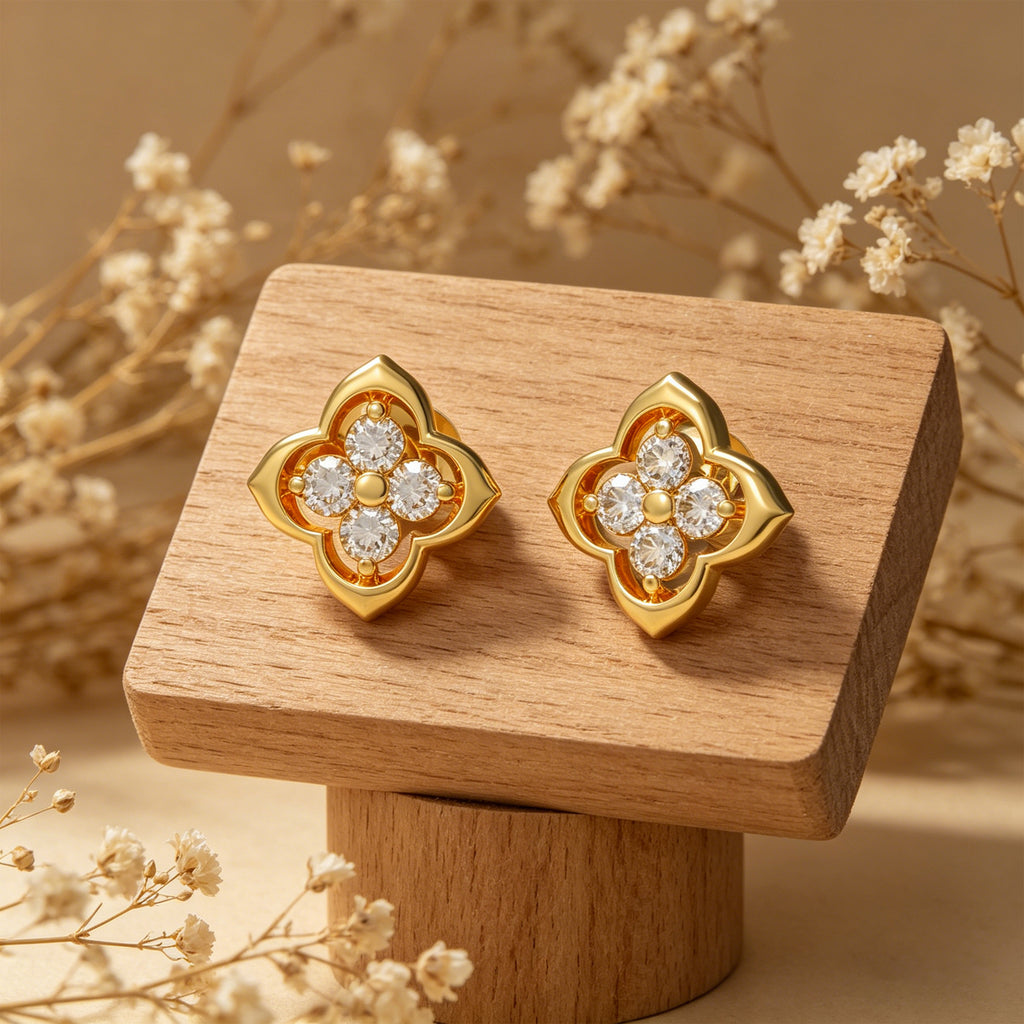 Serene Bloom Yellow Gold Clover Diamond Stud Earrings