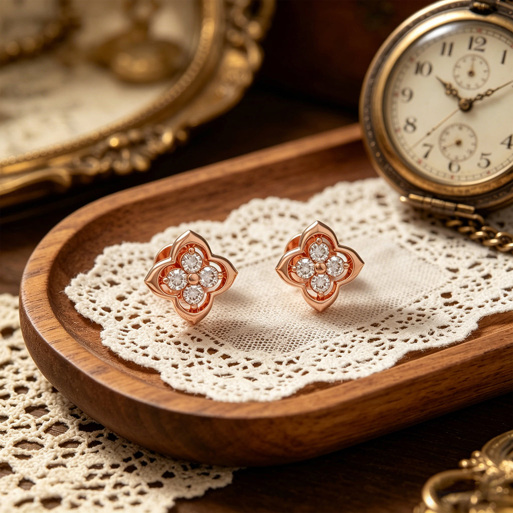 Serene Bloom Rose Gold Clover Diamond Stud Earrings