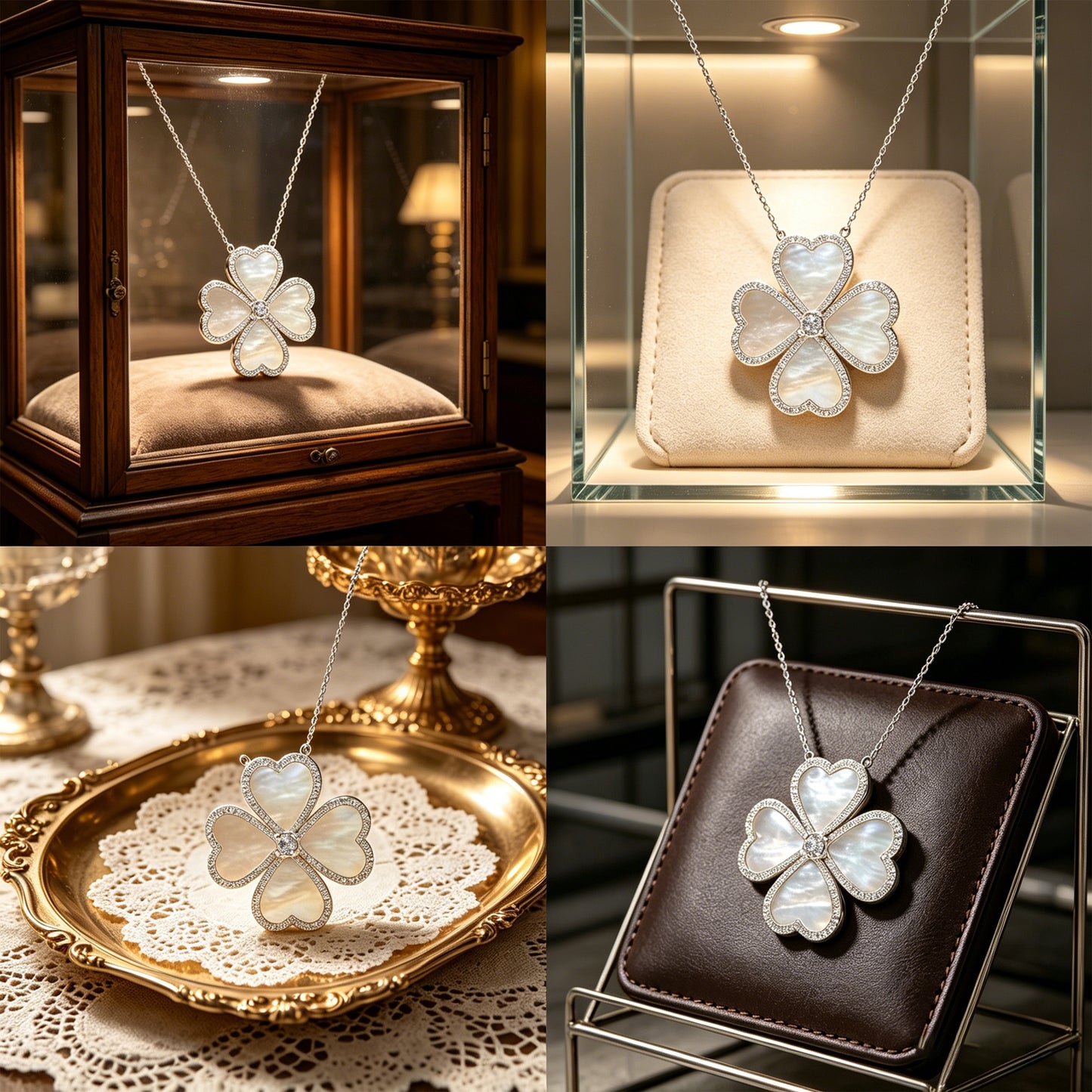 10K/14K White Gold Heart Clover Pendant Necklace, 0.5CT Lab Grown Diamond with Natural Mother of Pearl Handmade Jewelry Gift