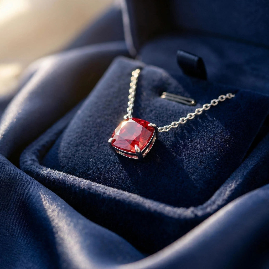 Crimson Vow Cushion-Cut Lab-Grown Ruby Pendant Necklace in Sterling Silver