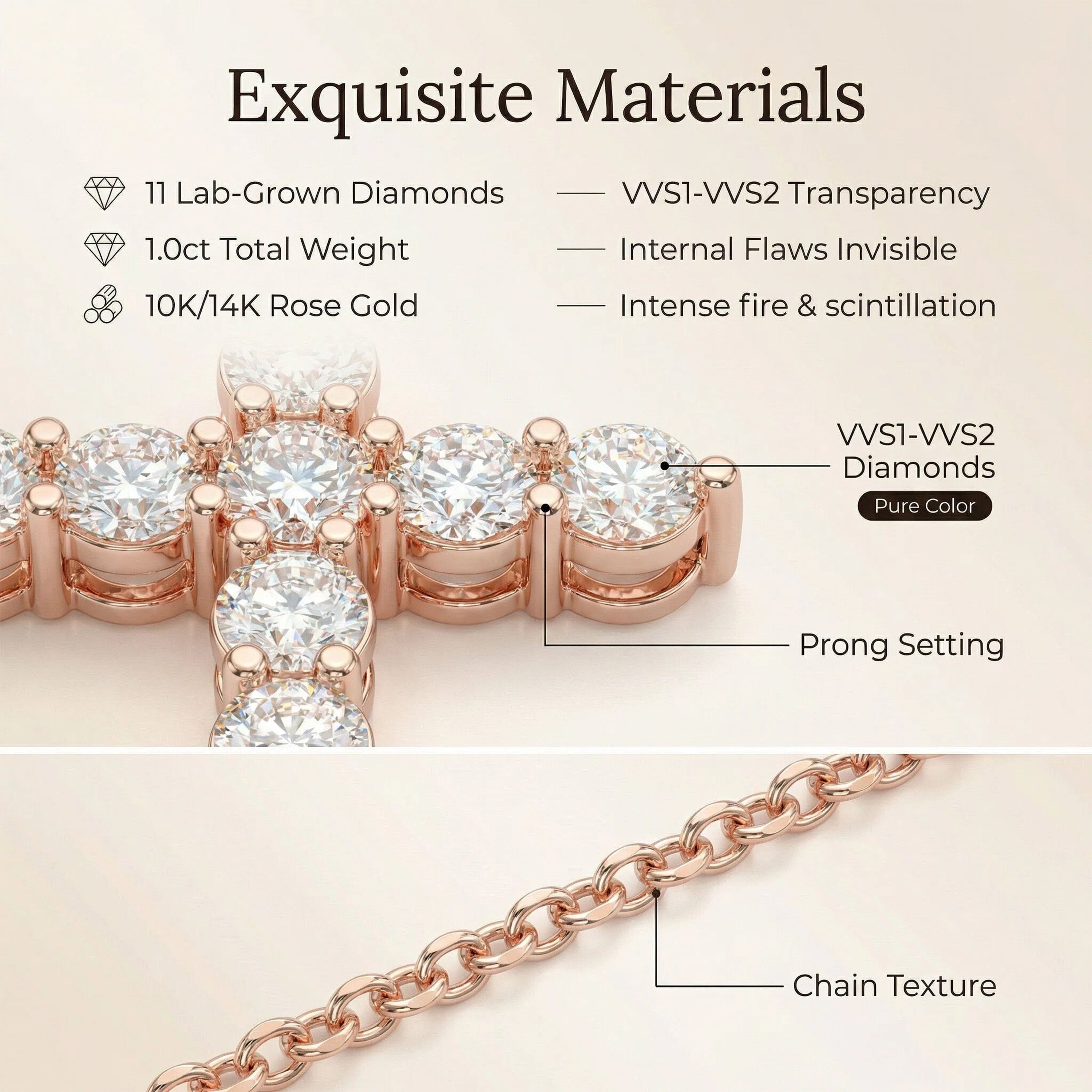 10K/14K Rose Gold Pendant Necklace with 1ct Lab-Created Diamonds (11 Round 3mm, VVS1-VVS2 D-E) - 450mm Chain, Gift for Her